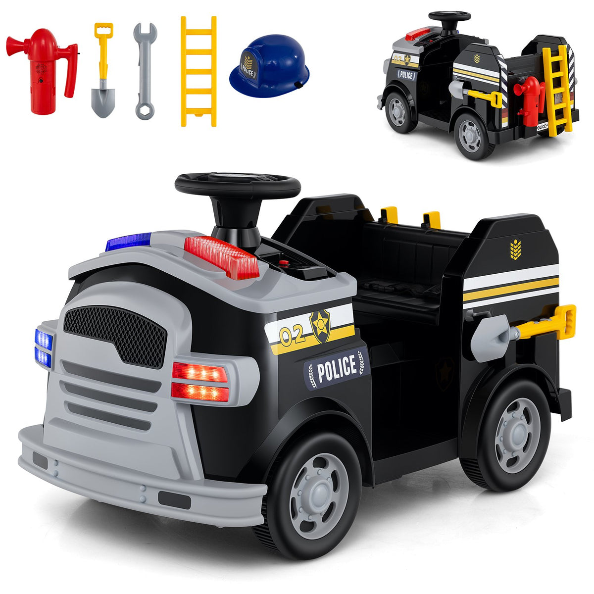 12V Toddler Fire Toy Car with Shovel and Wrench for Ages 37-95 Months-Black
