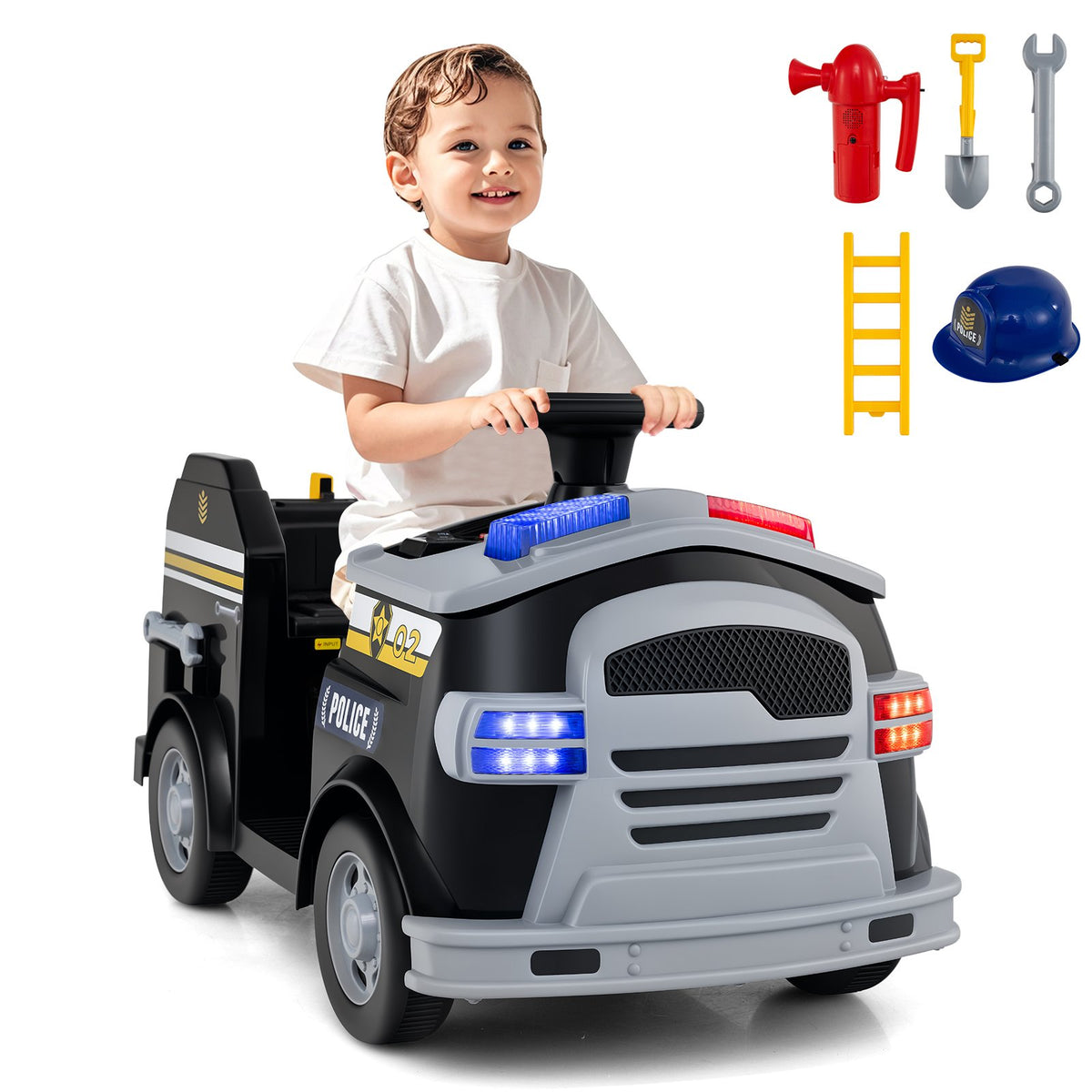12V Toddler Fire Toy Car with Shovel and Wrench for Ages 37-95 Months-Black view 3