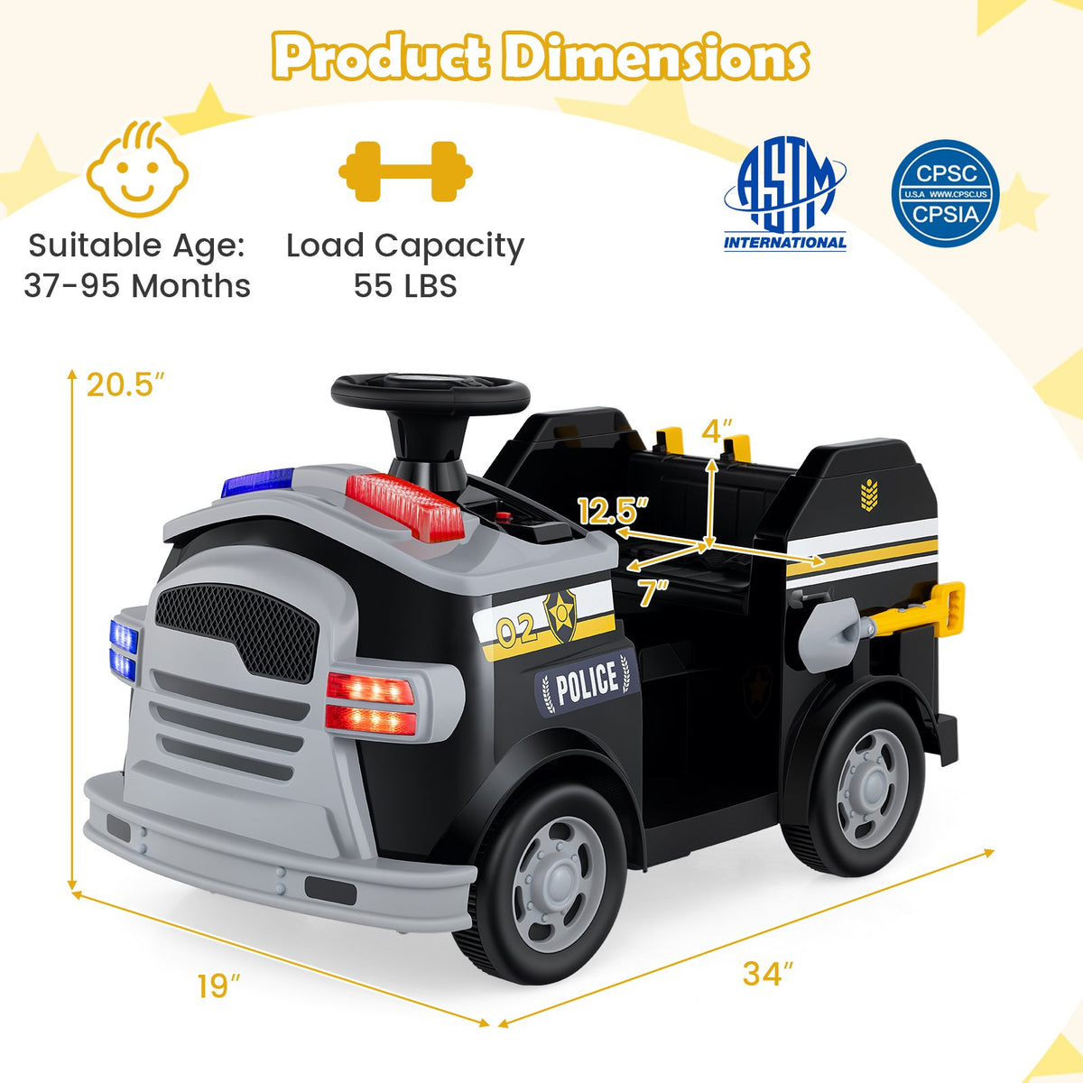 12V Toddler Fire Toy Car with Shovel and Wrench for Ages 37-95 Months-Black view 4