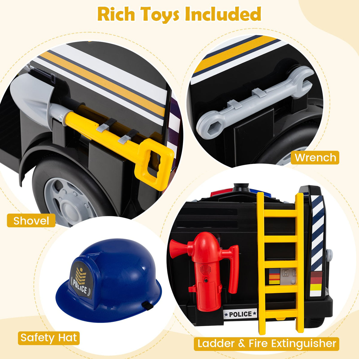 12V Toddler Fire Toy Car with Shovel and Wrench for Ages 37-95 Months-Black view 9