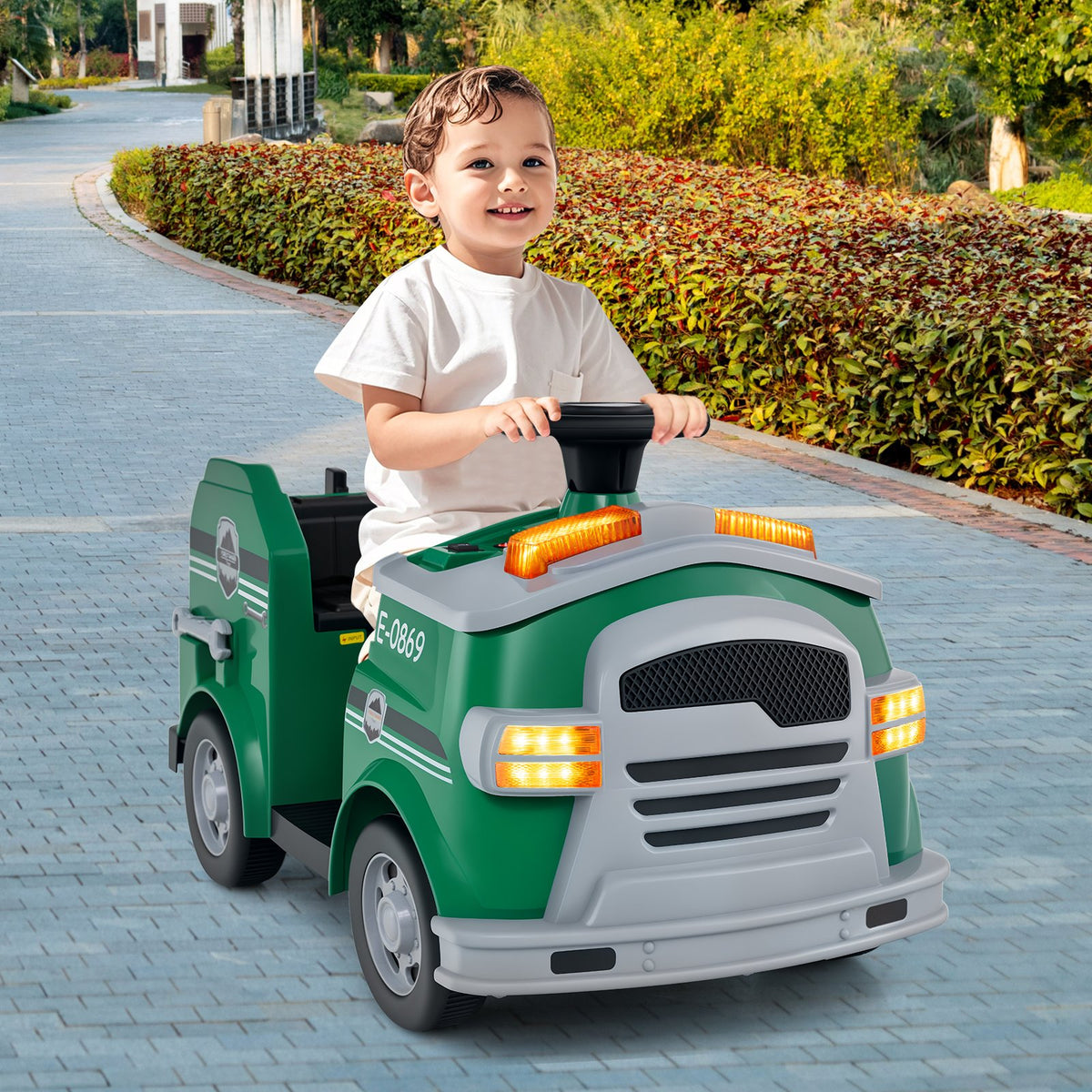 12V Toddler Fire Toy Car with Shovel and Wrench for Ages 37-95 Months-Green view 2