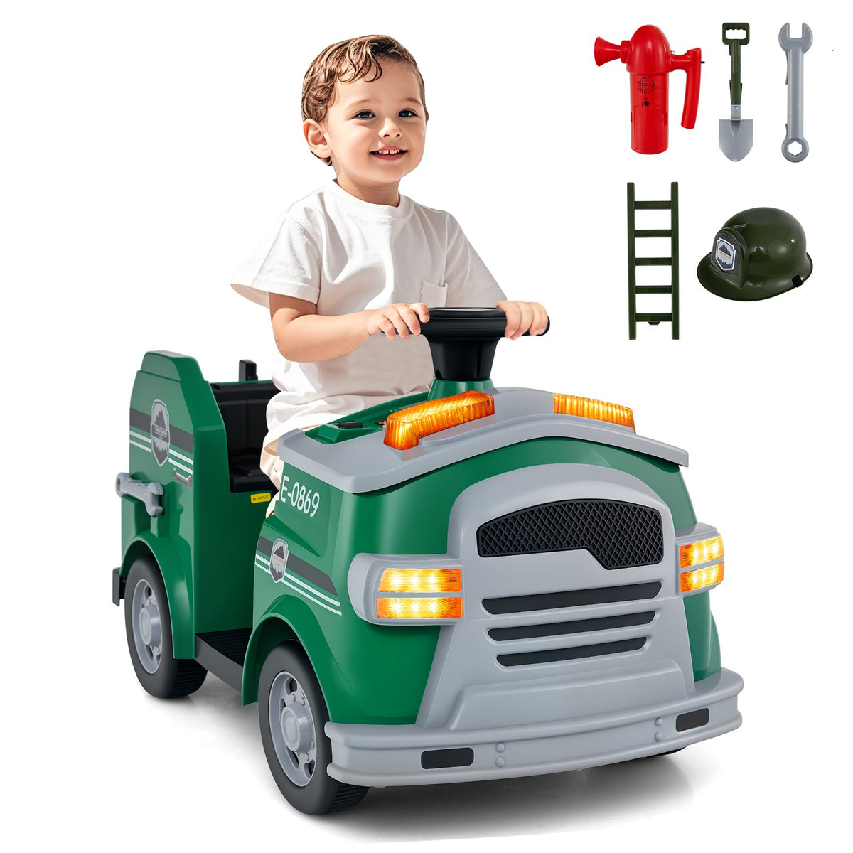 12V Toddler Fire Toy Car with Shovel and Wrench for Ages 37-95 Months-Green view 3