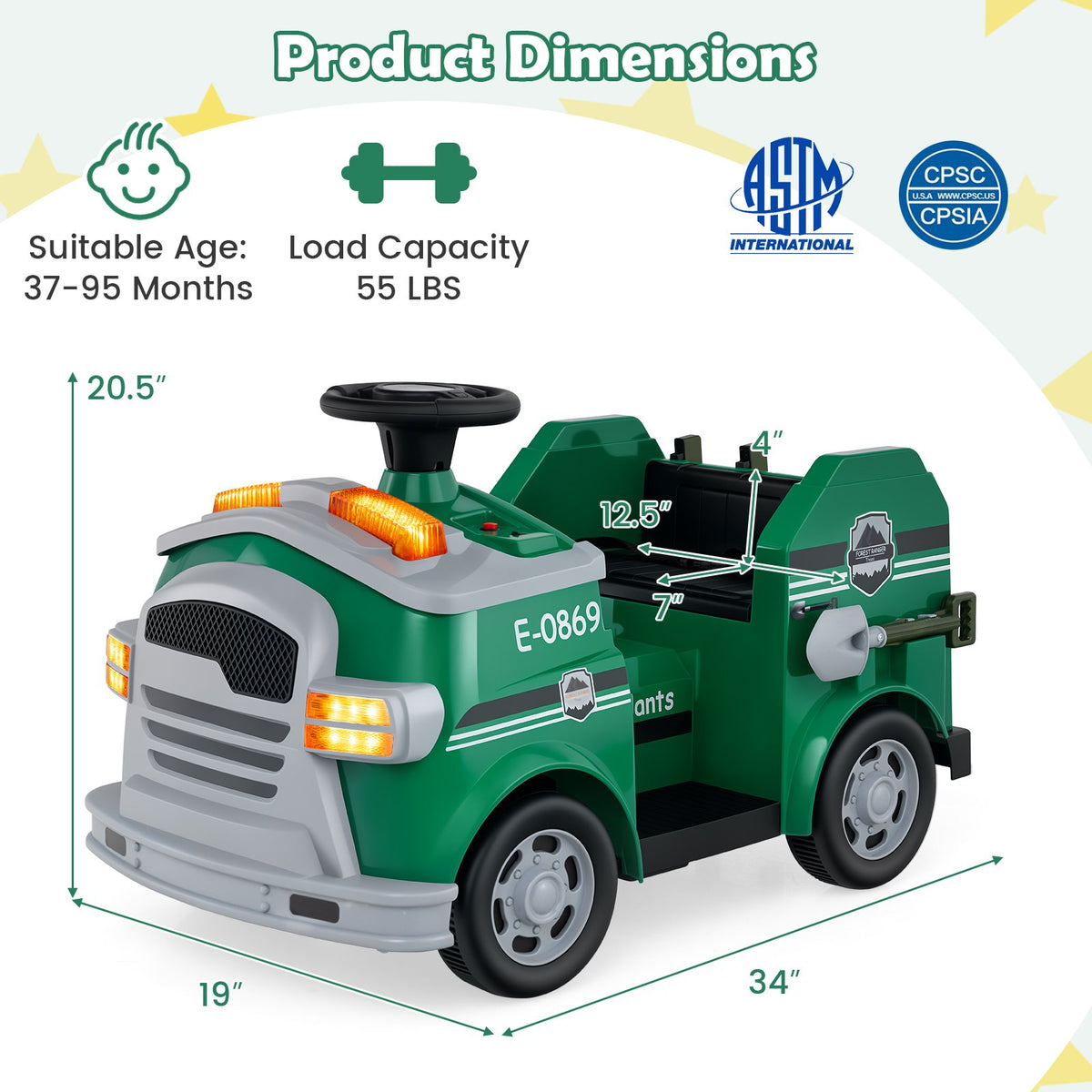 12V Toddler Fire Toy Car with Shovel and Wrench for Ages 37-95 Months-Green view 4