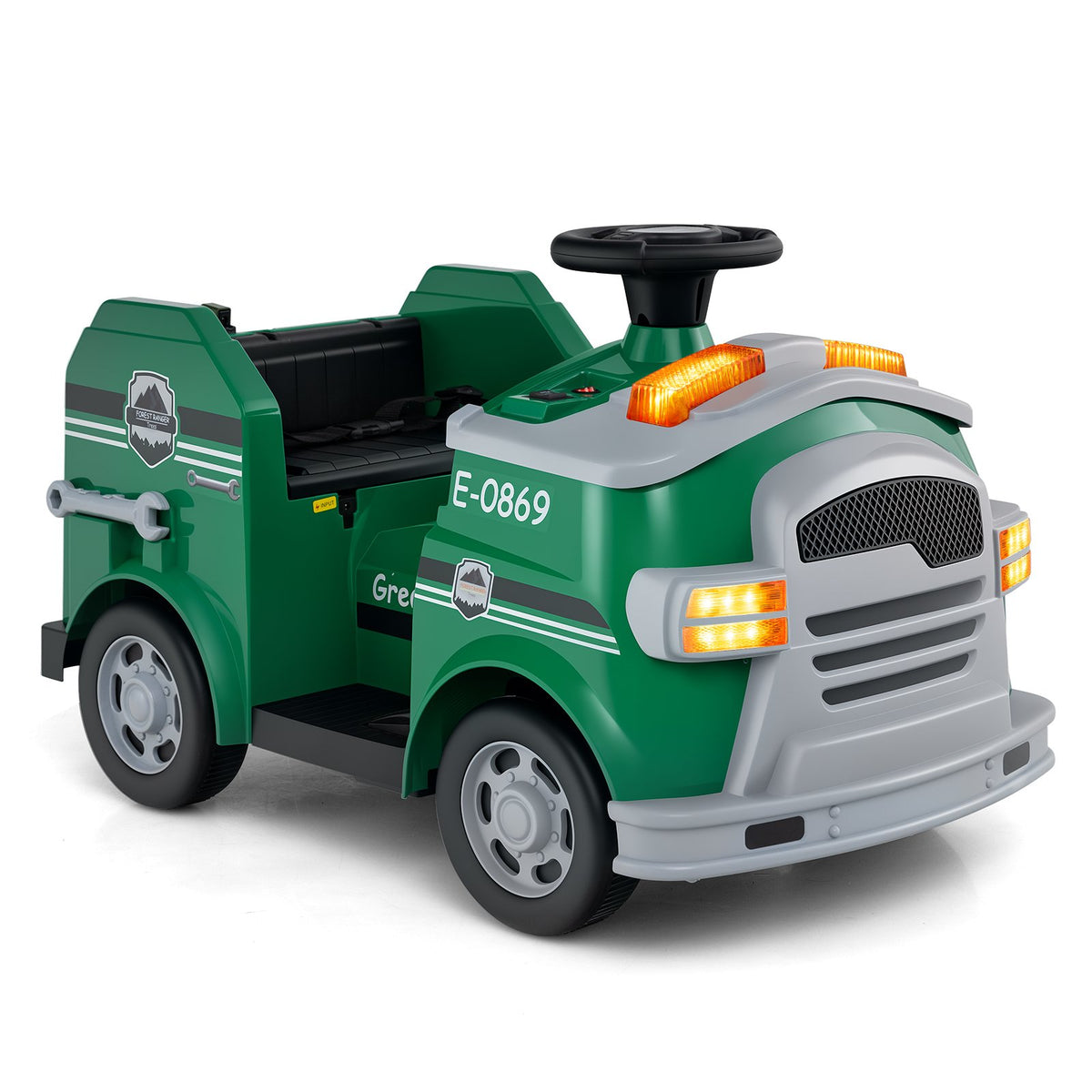 12V Toddler Fire Toy Car with Shovel and Wrench for Ages 37-95 Months-Green view 5