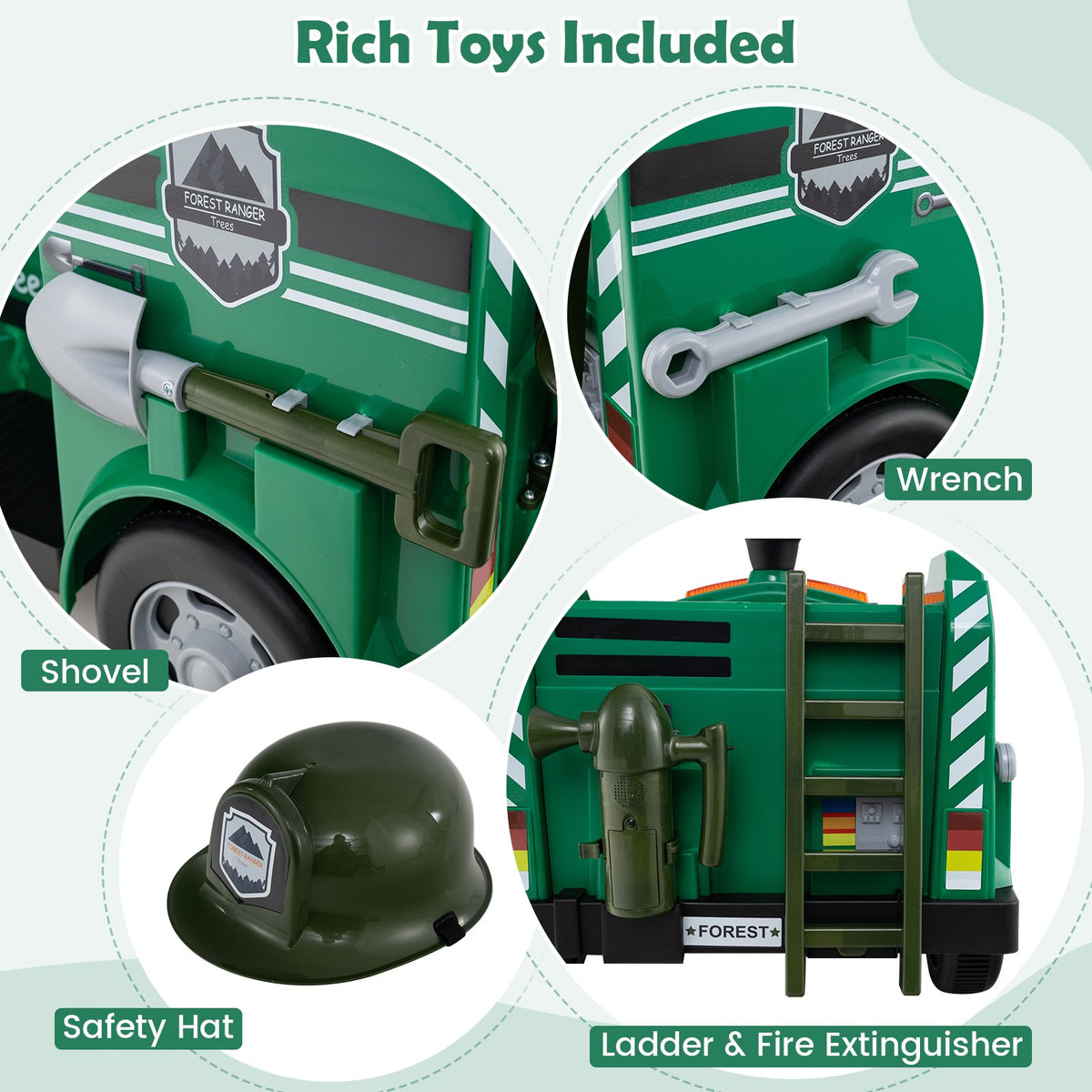 12V Toddler Fire Toy Car with Shovel and Wrench for Ages 37-95 Months-Green view 9