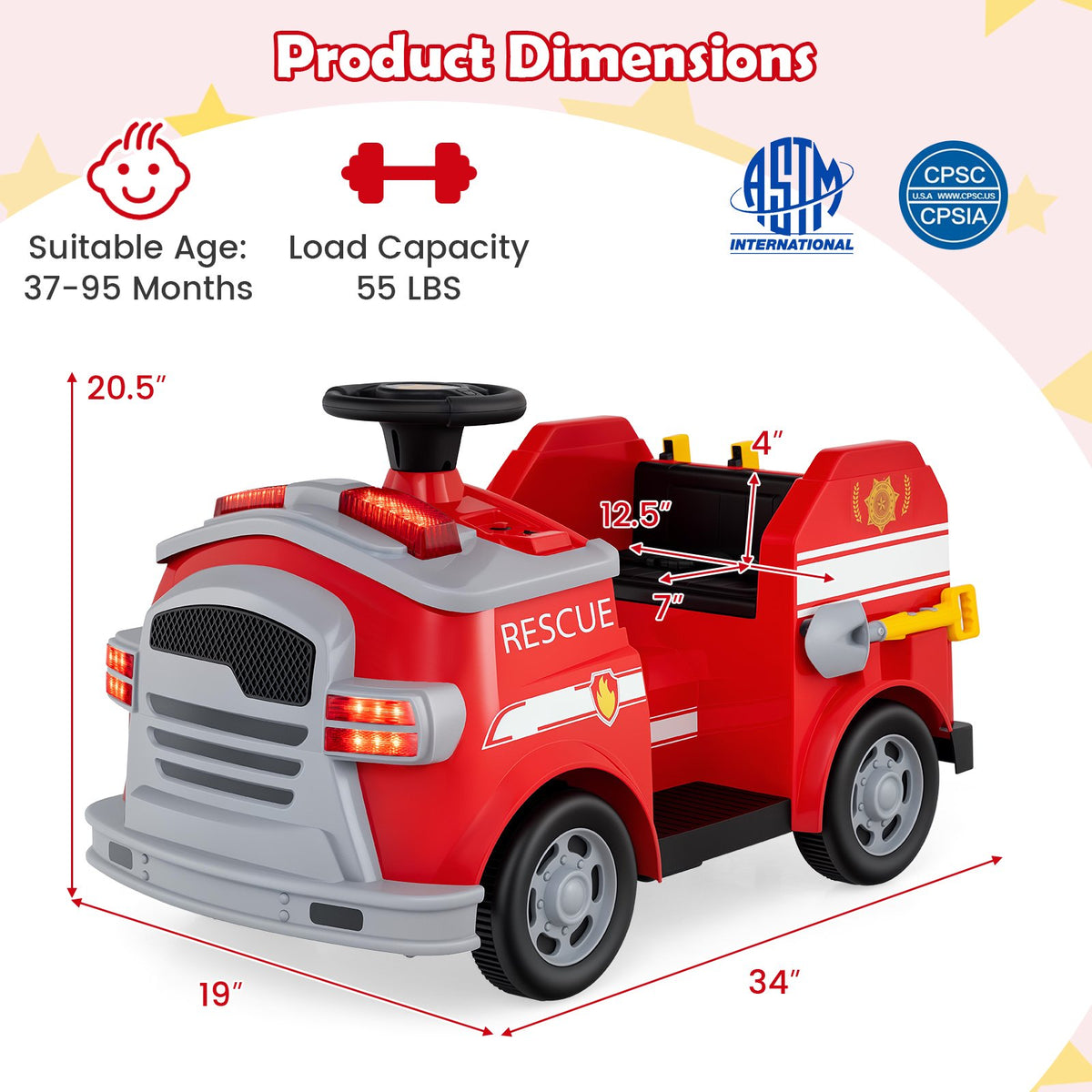 12V Toddler Fire Toy Car with Shovel and Wrench for Ages 37-95 Months-Red view 4
