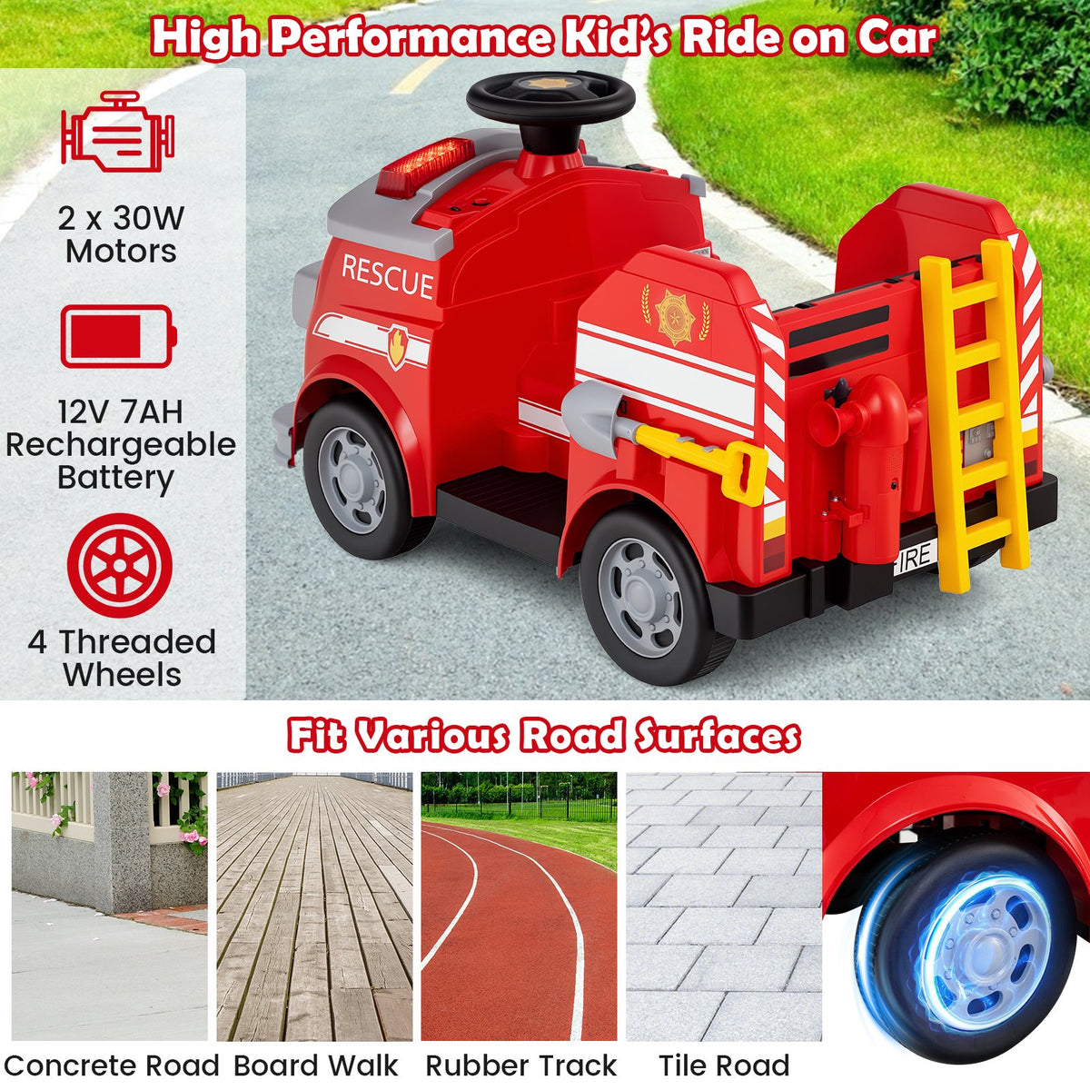 12V Toddler Fire Toy Car with Shovel and Wrench for Ages 37-95 Months-Red view 6