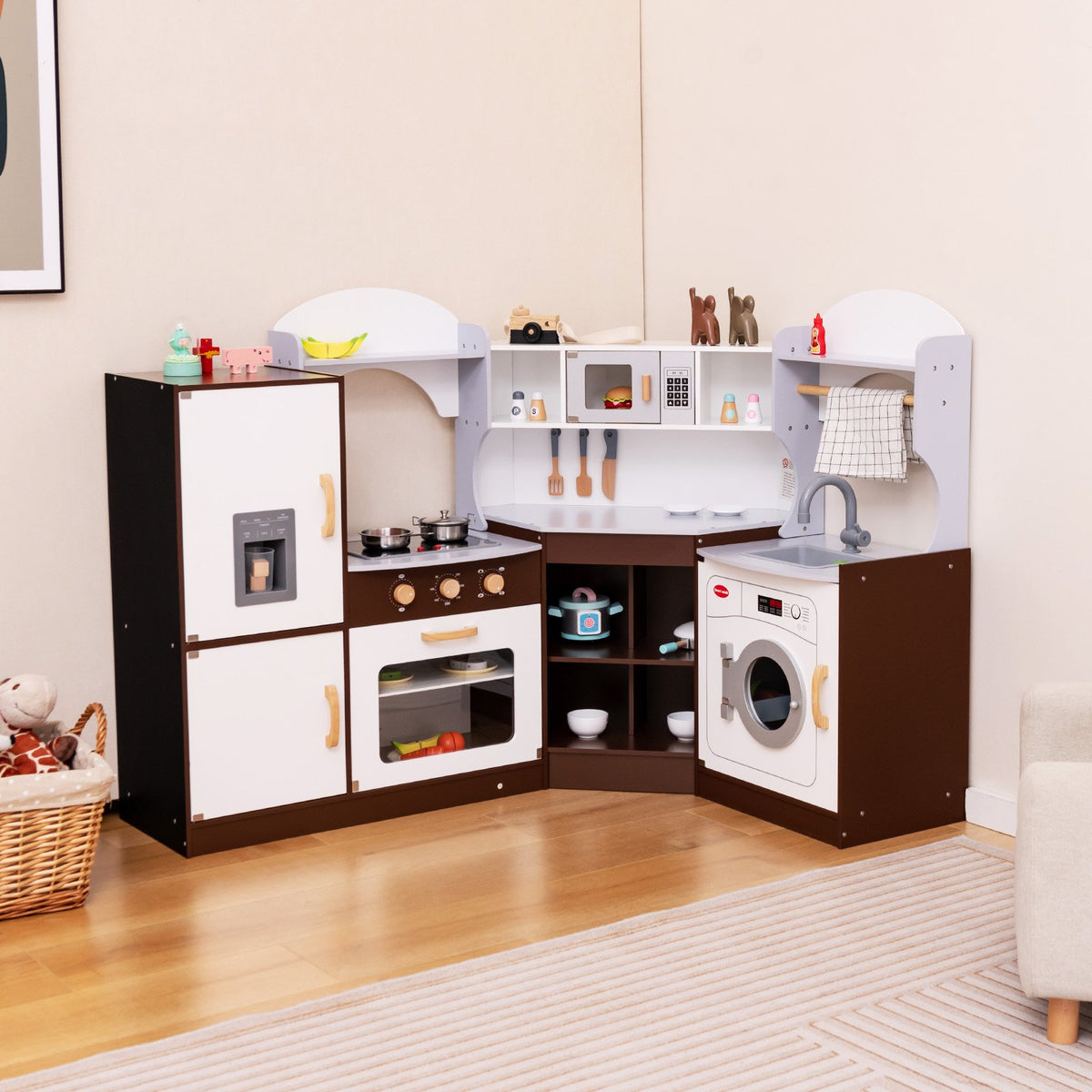 Toddler Kitchen Playset with Ice Maker Microwave Oven Sink and Washing Machine for Kids 3+ Years Old view 3