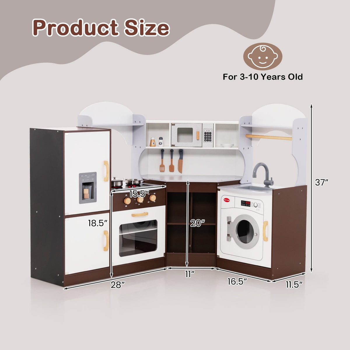 Toddler Kitchen Playset with Ice Maker Microwave Oven Sink and Washing Machine for Kids 3+ Years Old view 4
