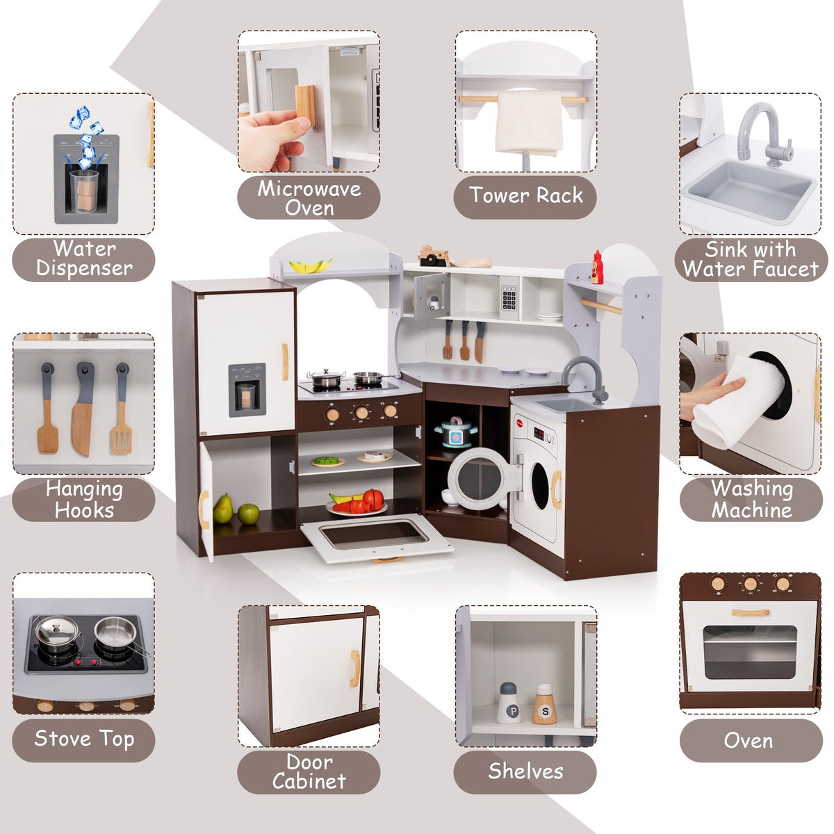Toddler Kitchen Playset with Ice Maker Microwave Oven Sink and Washing Machine for Kids 3+ Years Old view 6