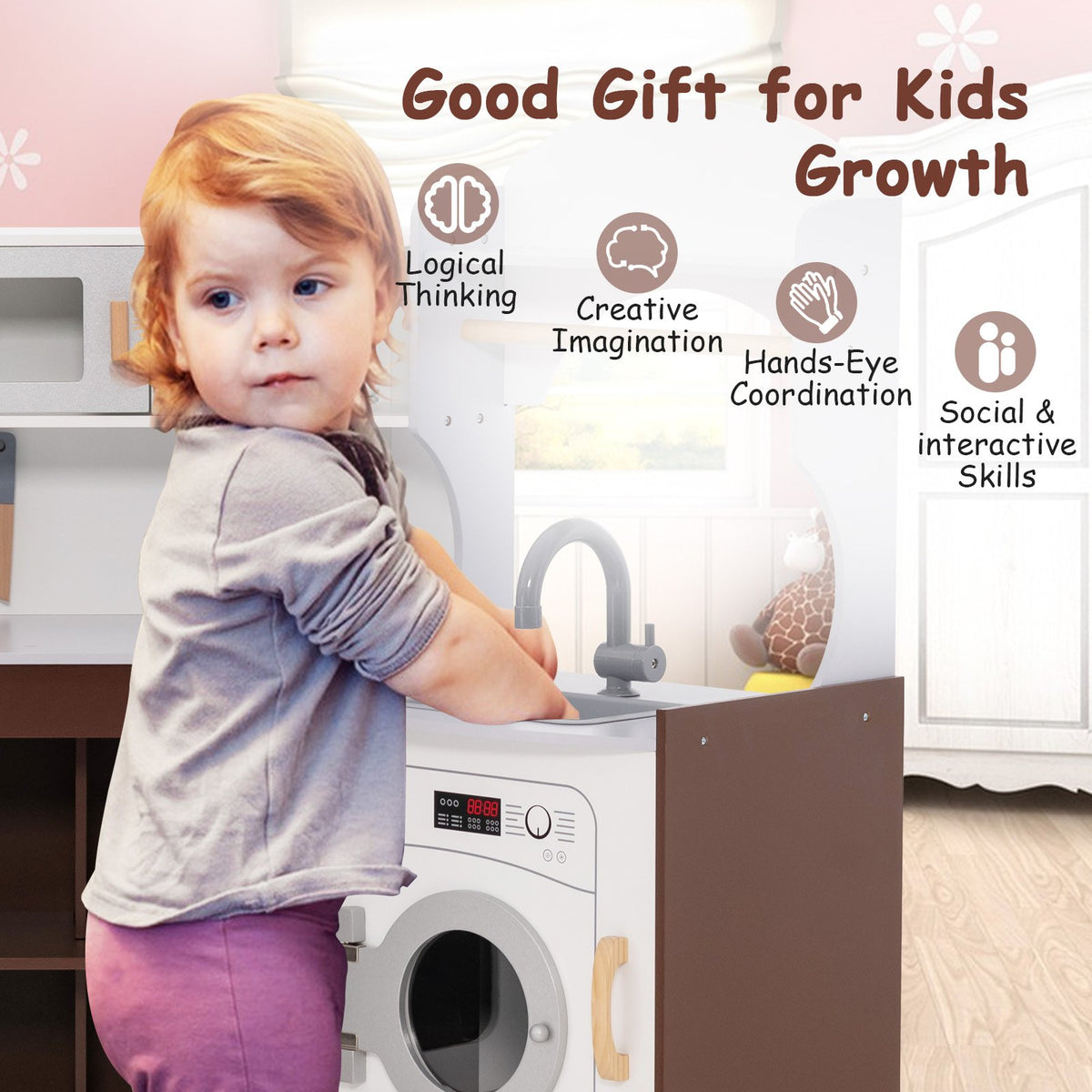 Toddler Kitchen Playset with Ice Maker Microwave Oven Sink and Washing Machine for Kids 3+ Years Old view 9