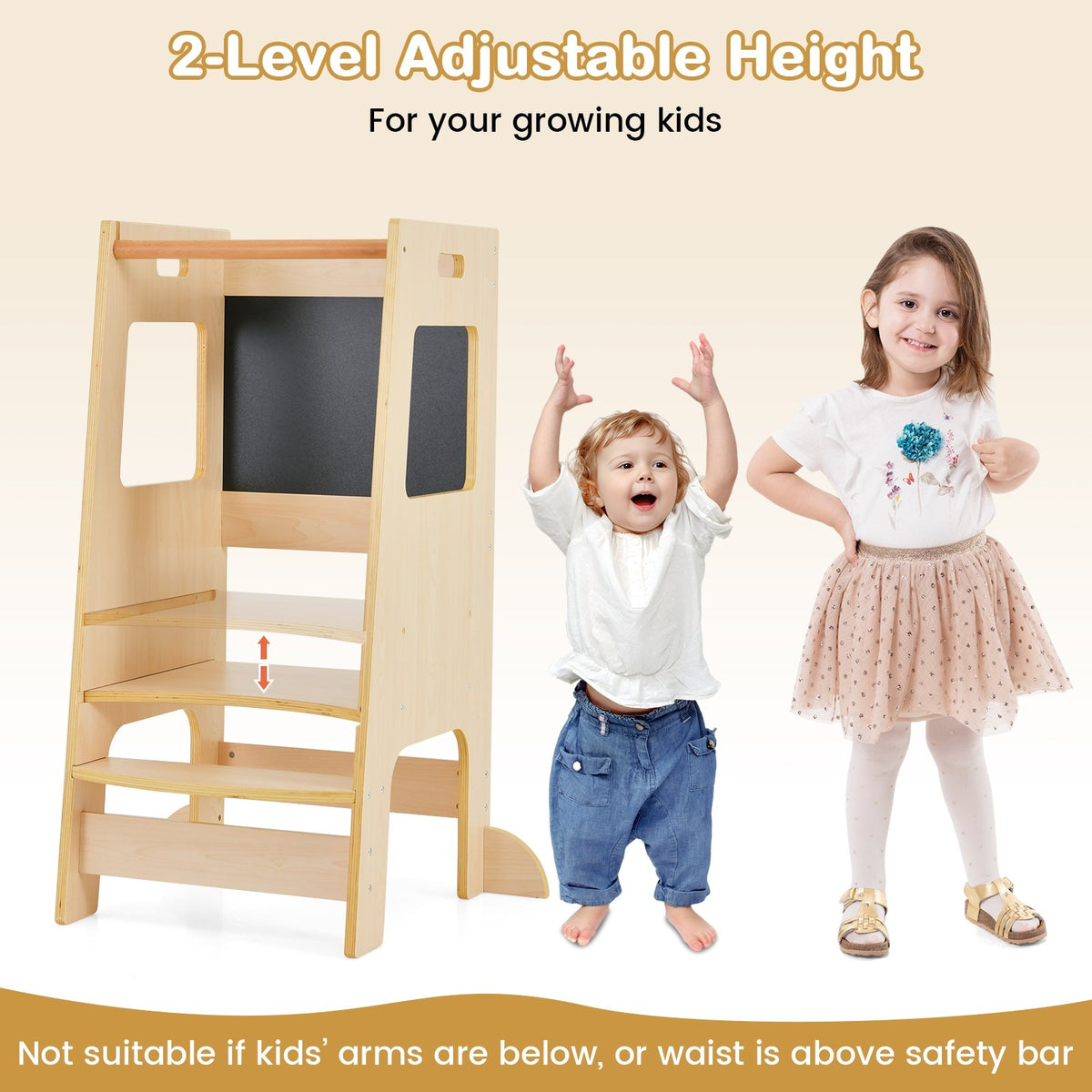 Toddler Kitchen Step Stool with Activity Chalkboard and Adjustable Height-Natural view 5
