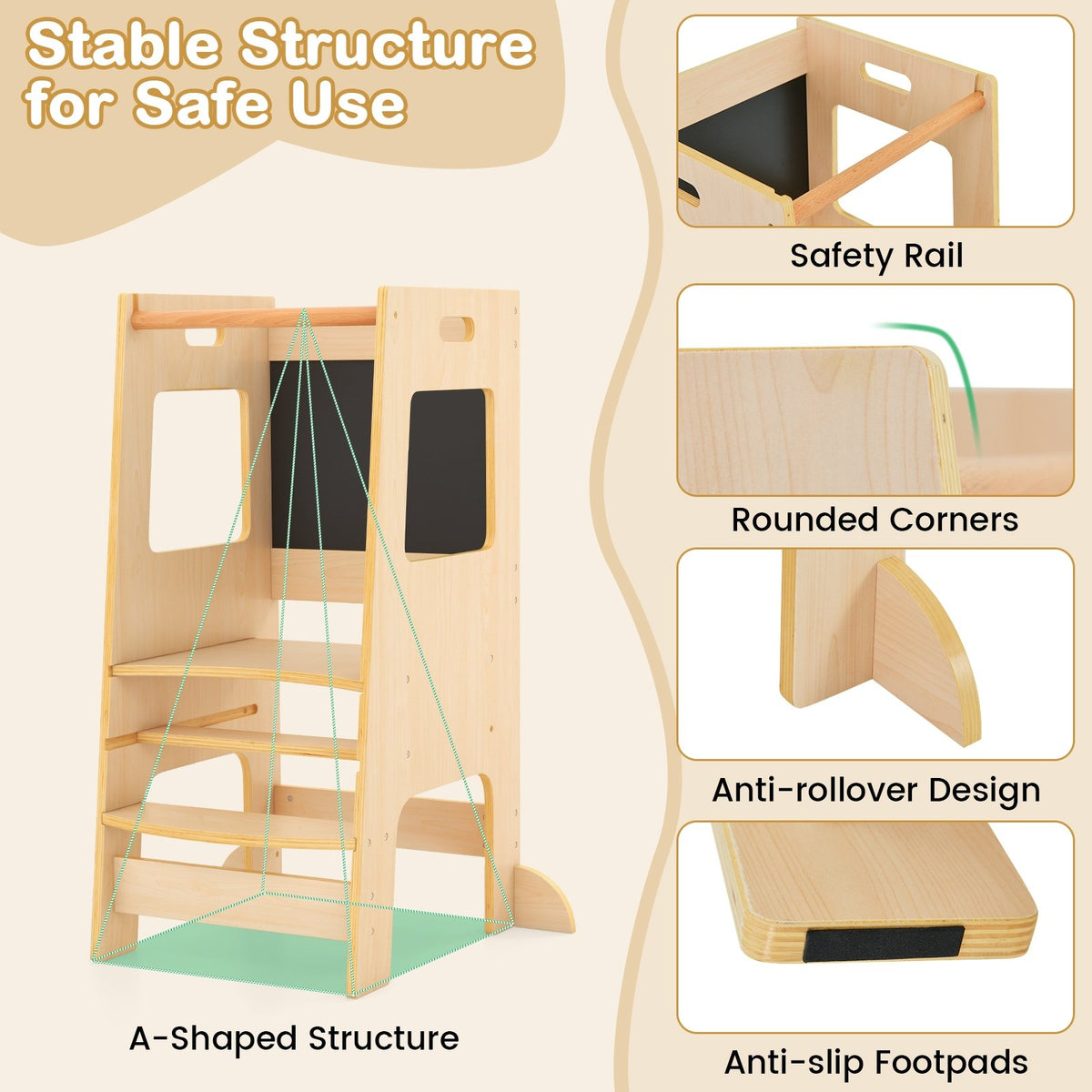 Toddler Kitchen Step Stool with Activity Chalkboard and Adjustable Height-Natural view 7