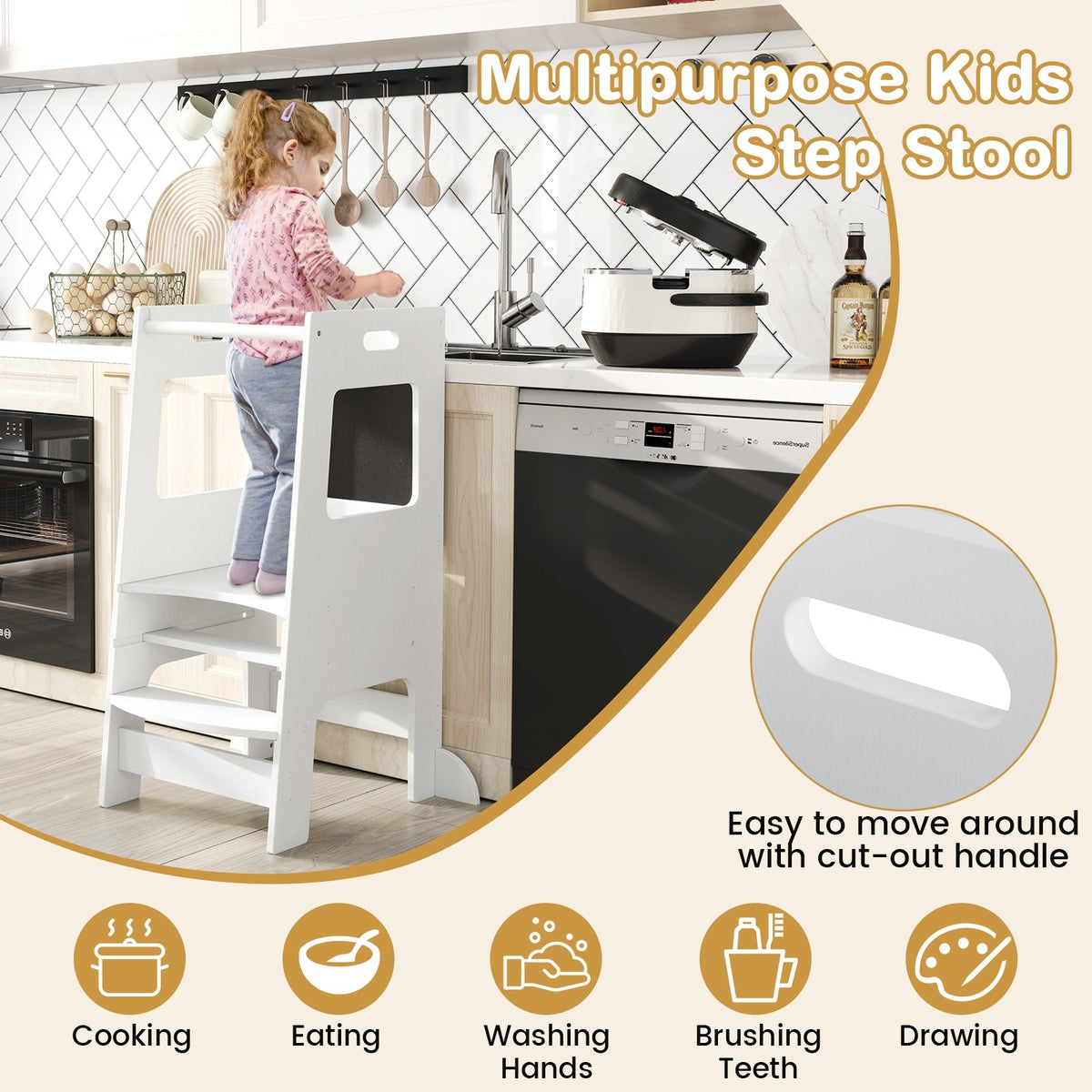 Toddler Kitchen Step Stool with Activity Chalkboard and Adjustable Height-White view 9