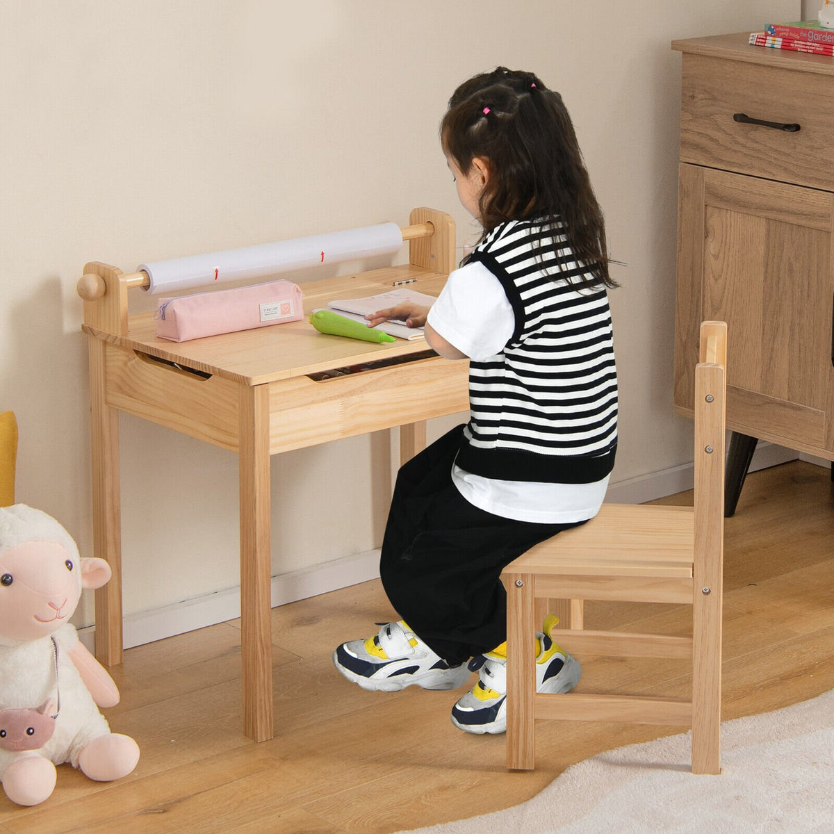 Toddler Multifunctional Activity Table and Chair Set with Paper Roll Holder-Natural view 2