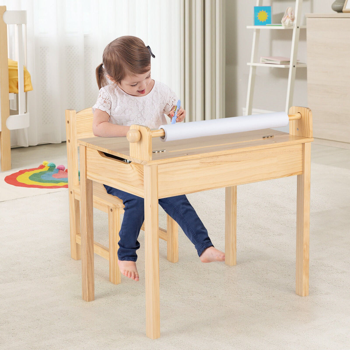 Toddler Multifunctional Activity Table and Chair Set with Paper Roll Holder-Natural view 3