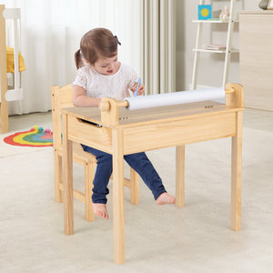 Toddler Multifunctional Activity Table and Chair Set with Paper Roll Holder-Natural view 3