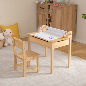 Toddler Multifunctional Activity Table and Chair Set with Paper Roll Holder-Natural view 5