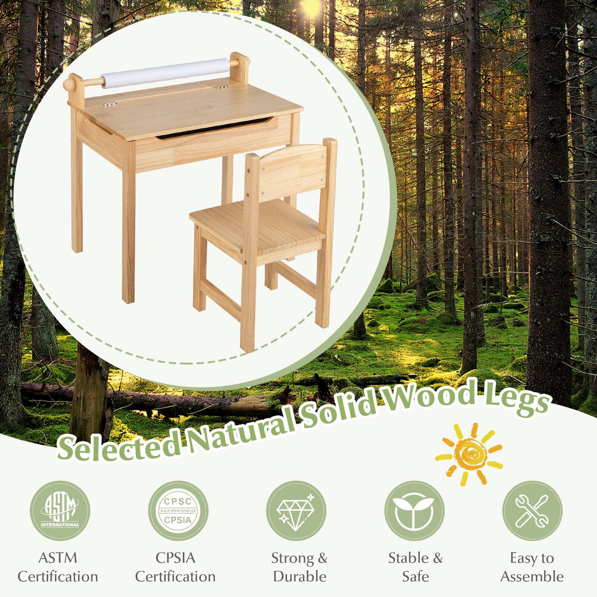 Toddler Multifunctional Activity Table and Chair Set with Paper Roll Holder-Natural view 7