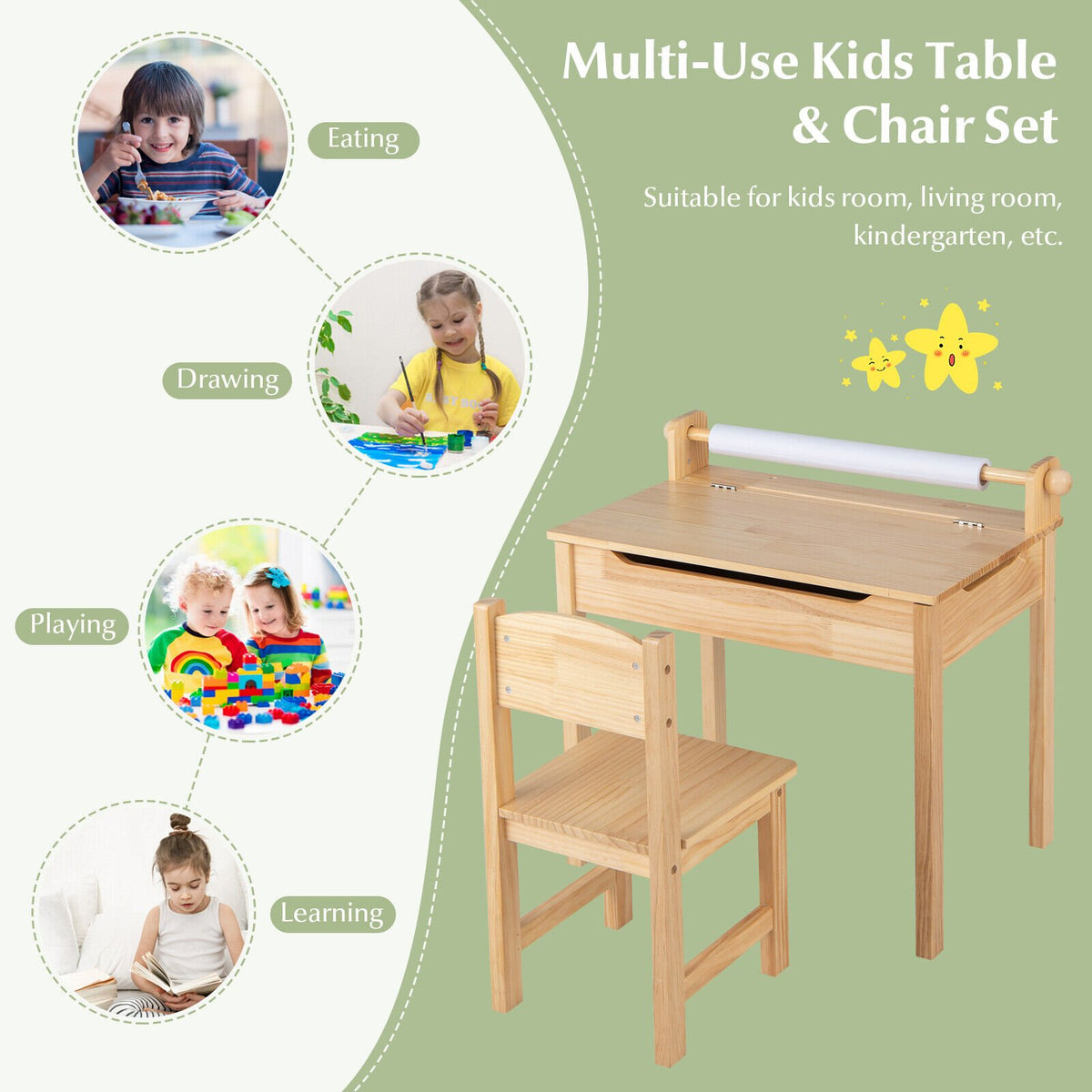 Toddler Multifunctional Activity Table and Chair Set with Paper Roll Holder-Natural view 8