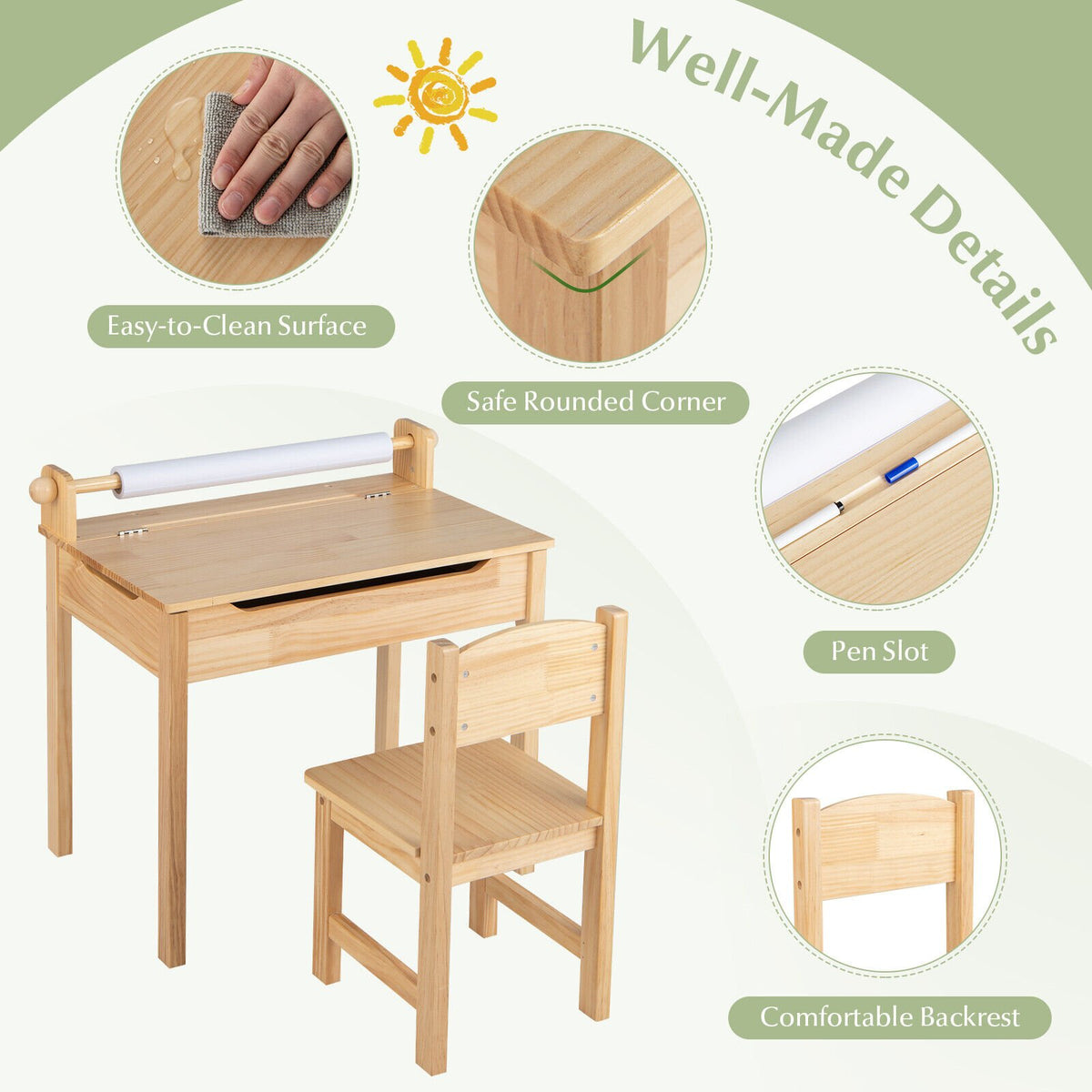 Toddler Multifunctional Activity Table and Chair Set with Paper Roll Holder-Natural view 9