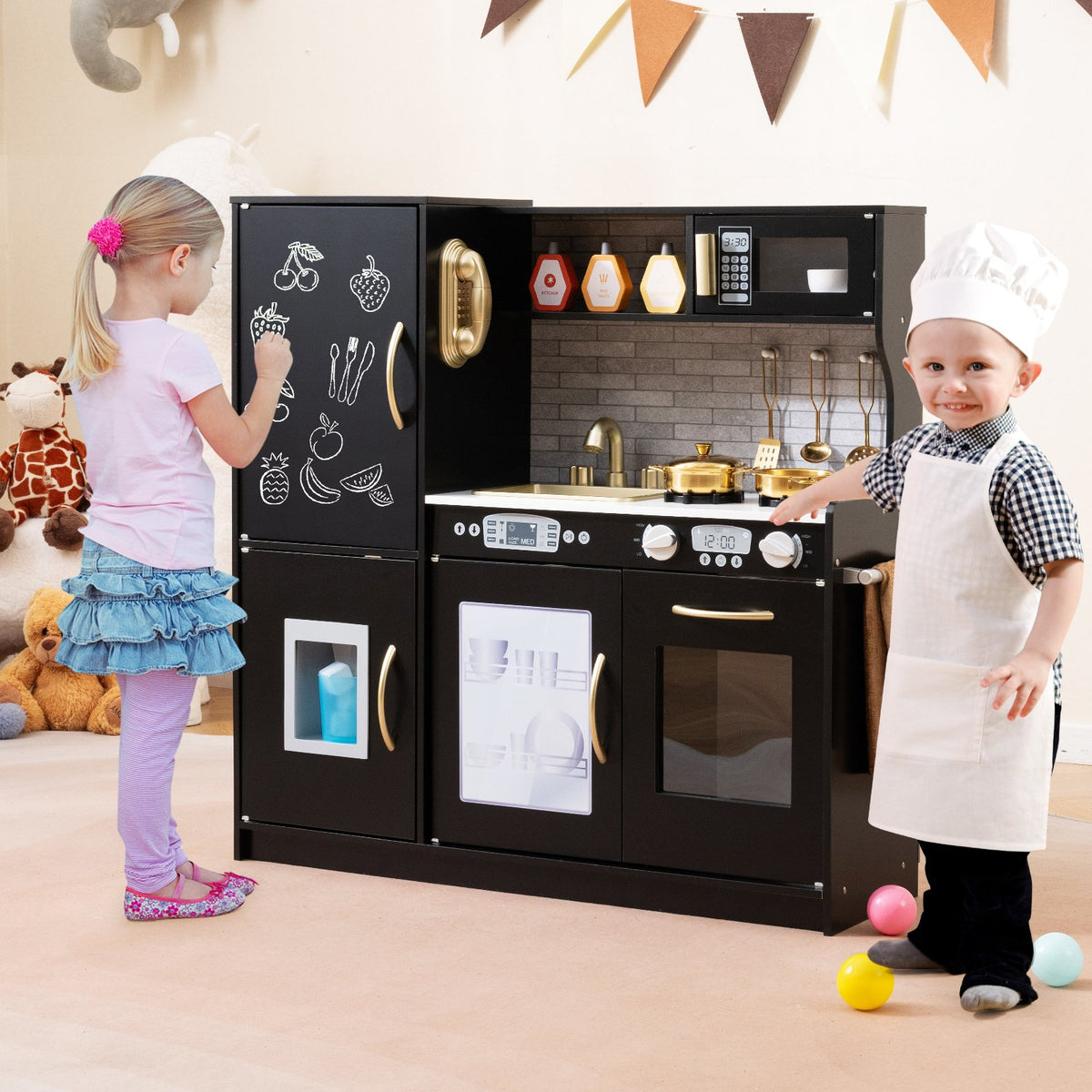 Toddler Pretend Play Kitchen for Boys and Girls 3-6 Years Old-Black view 2