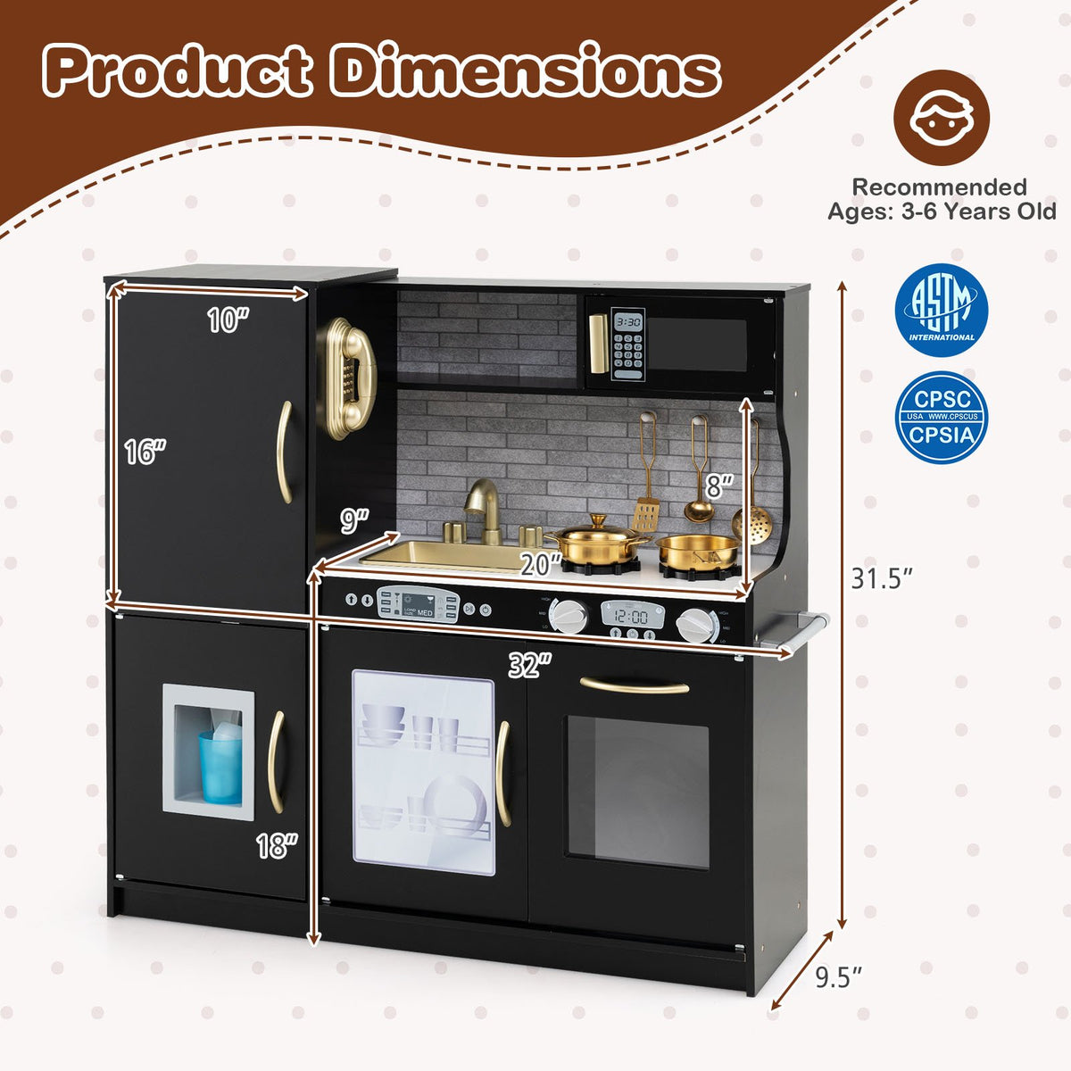 Toddler Pretend Play Kitchen for Boys and Girls 3-6 Years Old-Black view 4