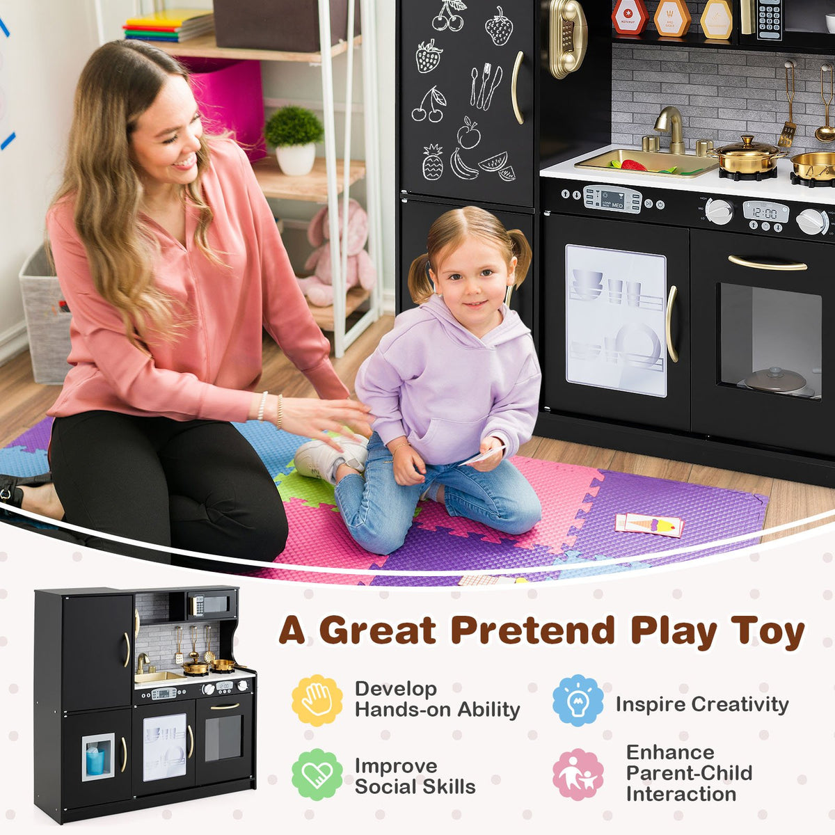 Toddler Pretend Play Kitchen for Boys and Girls 3-6 Years Old-Black view 6