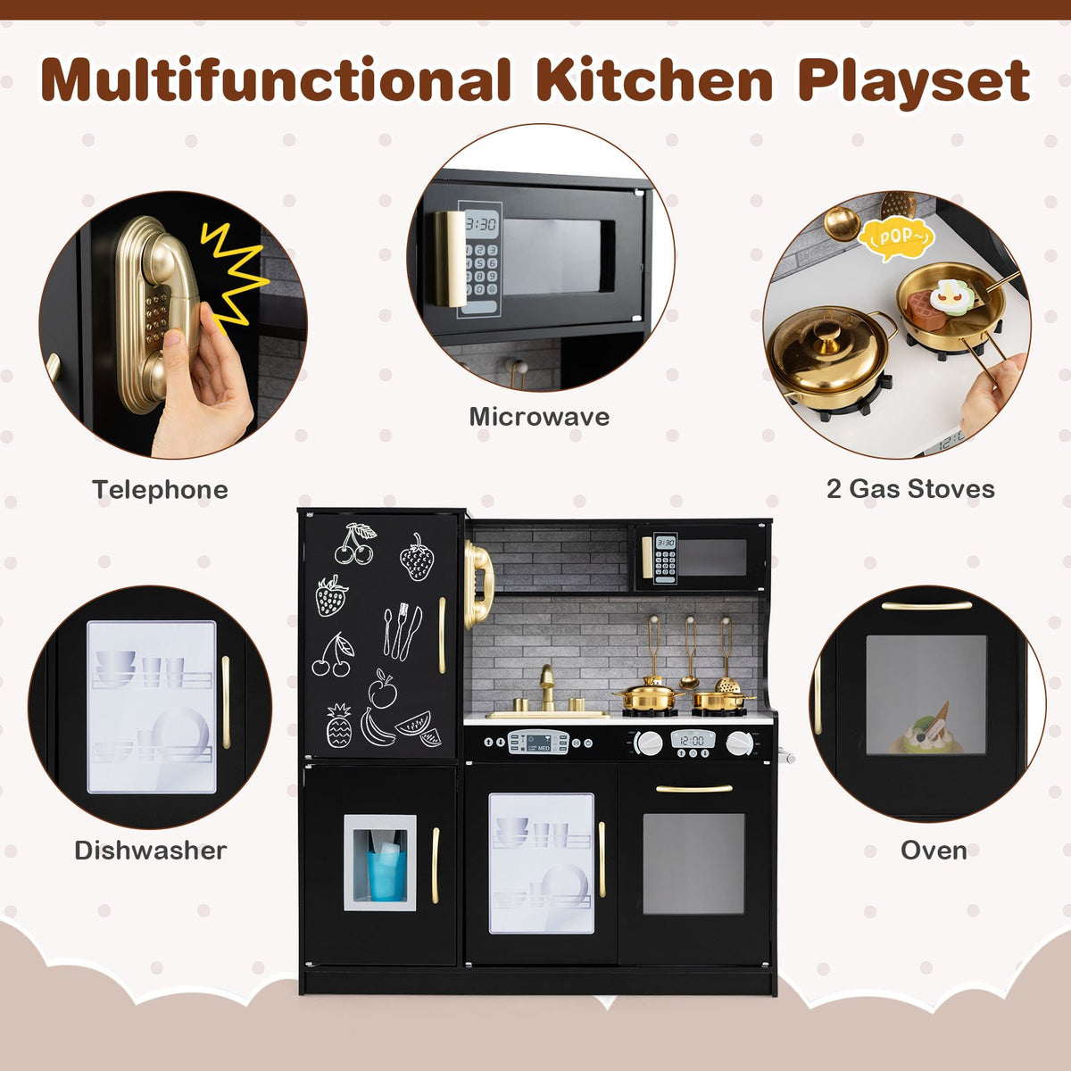 Toddler Pretend Play Kitchen for Boys and Girls 3-6 Years Old-Black view 8
