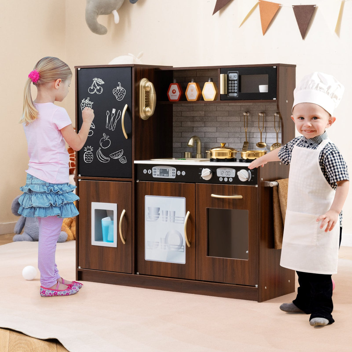 Toddler Pretend Play Kitchen for Boys and Girls 3-6 Years Old-Brown view 2