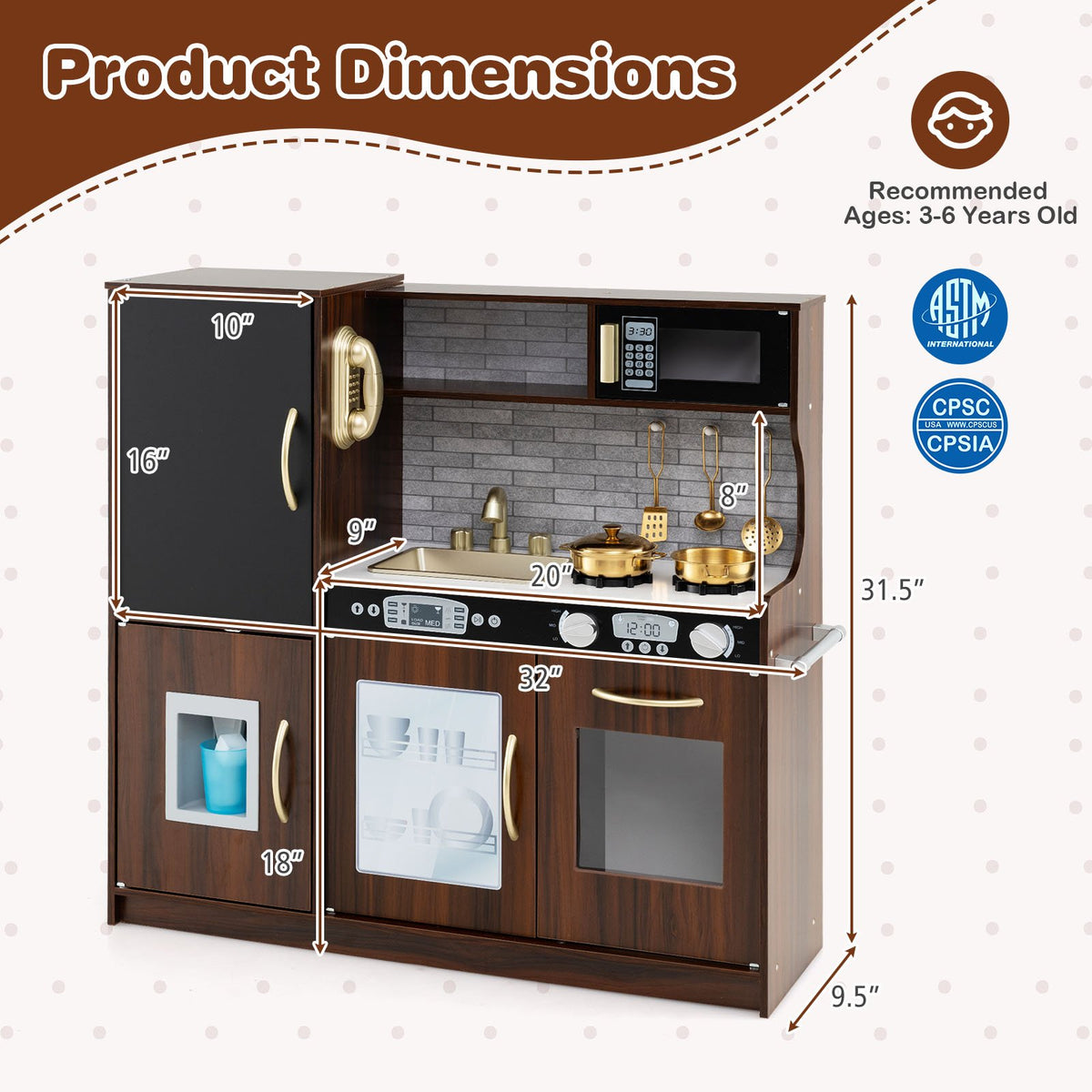 Toddler Pretend Play Kitchen for Boys and Girls 3-6 Years Old-Brown view 4