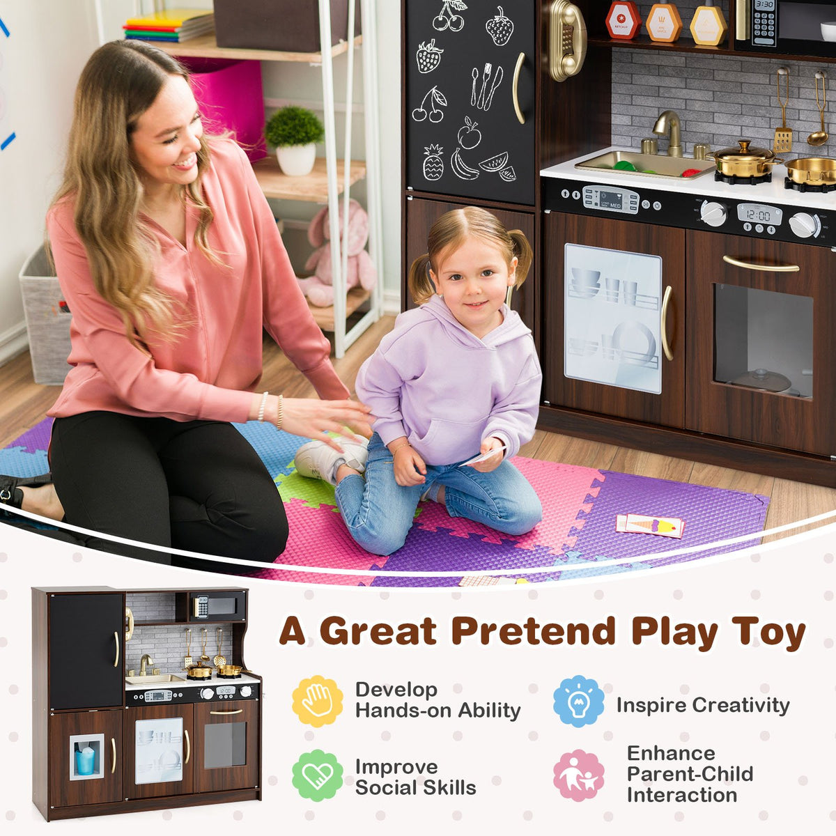 Toddler Pretend Play Kitchen for Boys and Girls 3-6 Years Old-Brown view 6