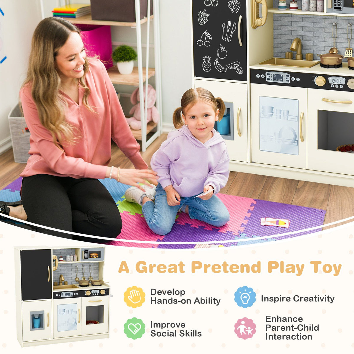 Toddler Pretend Play Kitchen for Boys and Girls 3-6 Years Old-Cream White view 5