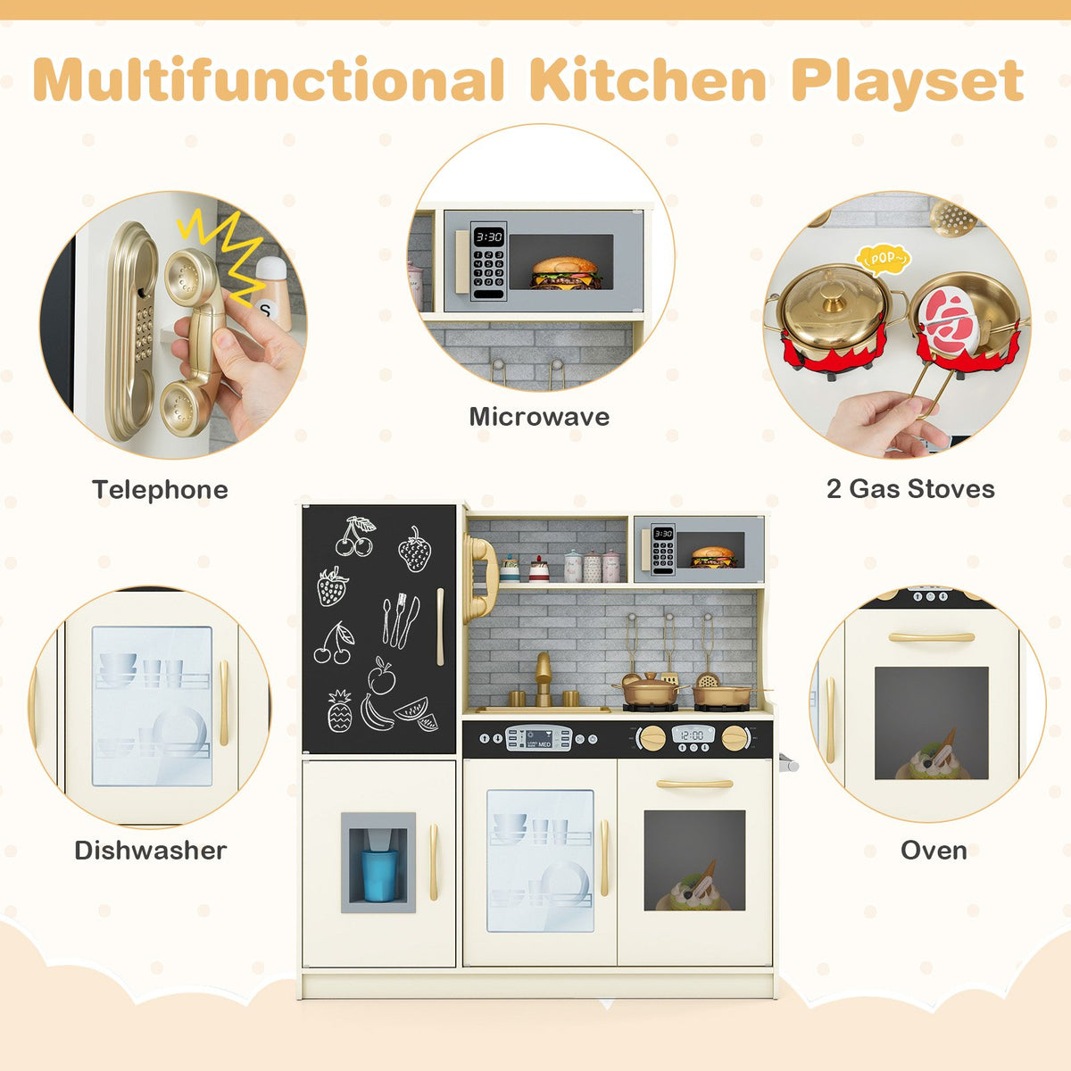 Toddler Pretend Play Kitchen for Boys and Girls 3-6 Years Old-Cream White view 7