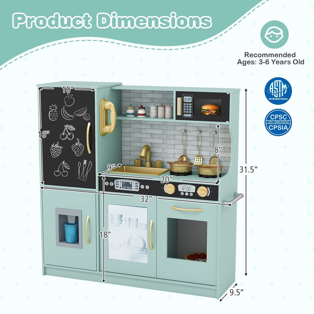 Toddler Pretend Play Kitchen for Boys and Girls 3-6 Years Old-Green view 4