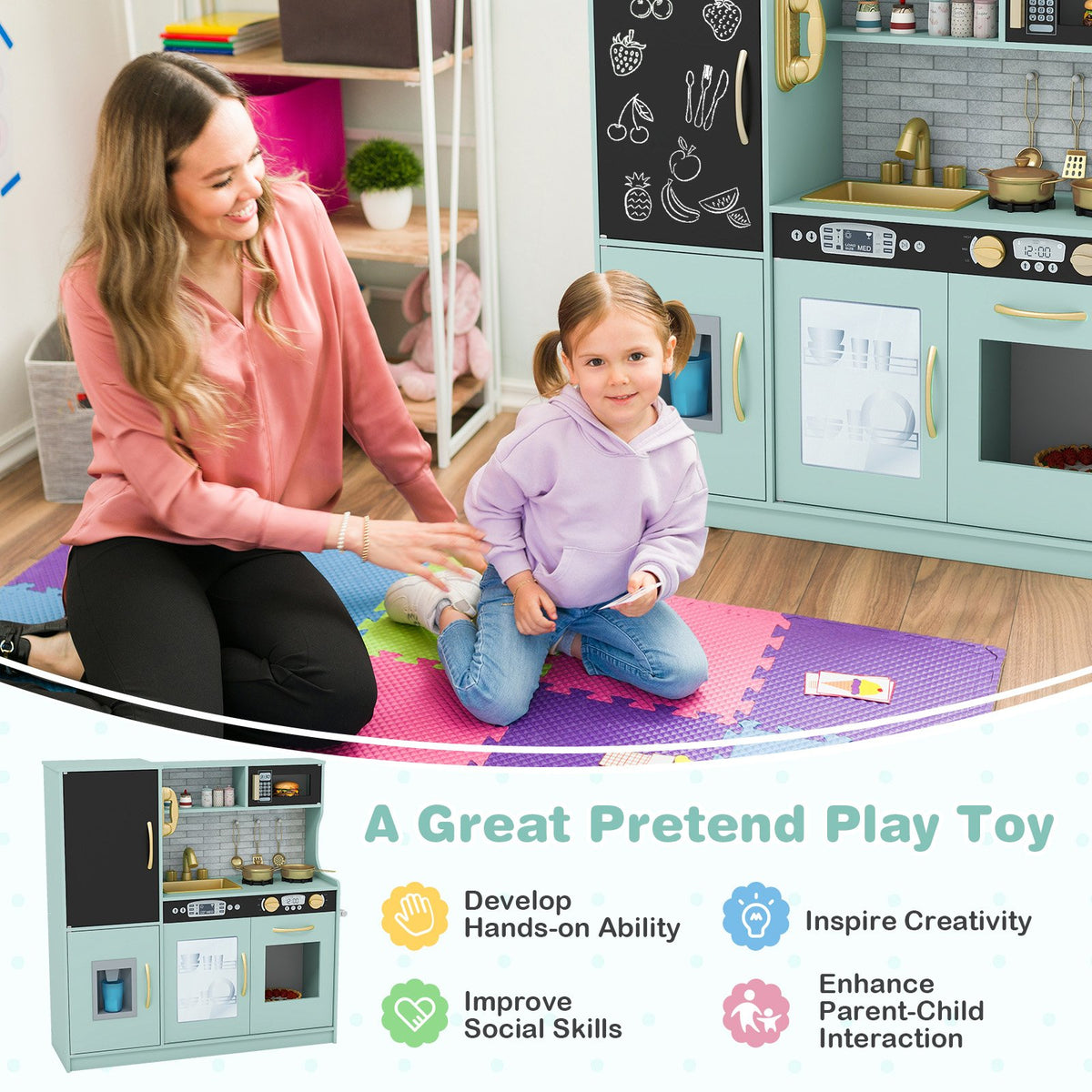 Toddler Pretend Play Kitchen for Boys and Girls 3-6 Years Old-Green view 5