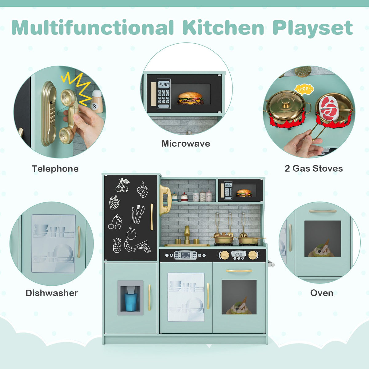 Toddler Pretend Play Kitchen for Boys and Girls 3-6 Years Old-Green view 7