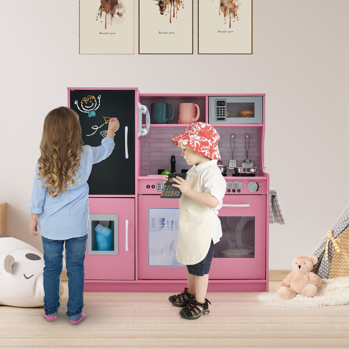 Toddler Pretend Play Kitchen for Boys and Girls 3-6 Years Old-Pink view 3