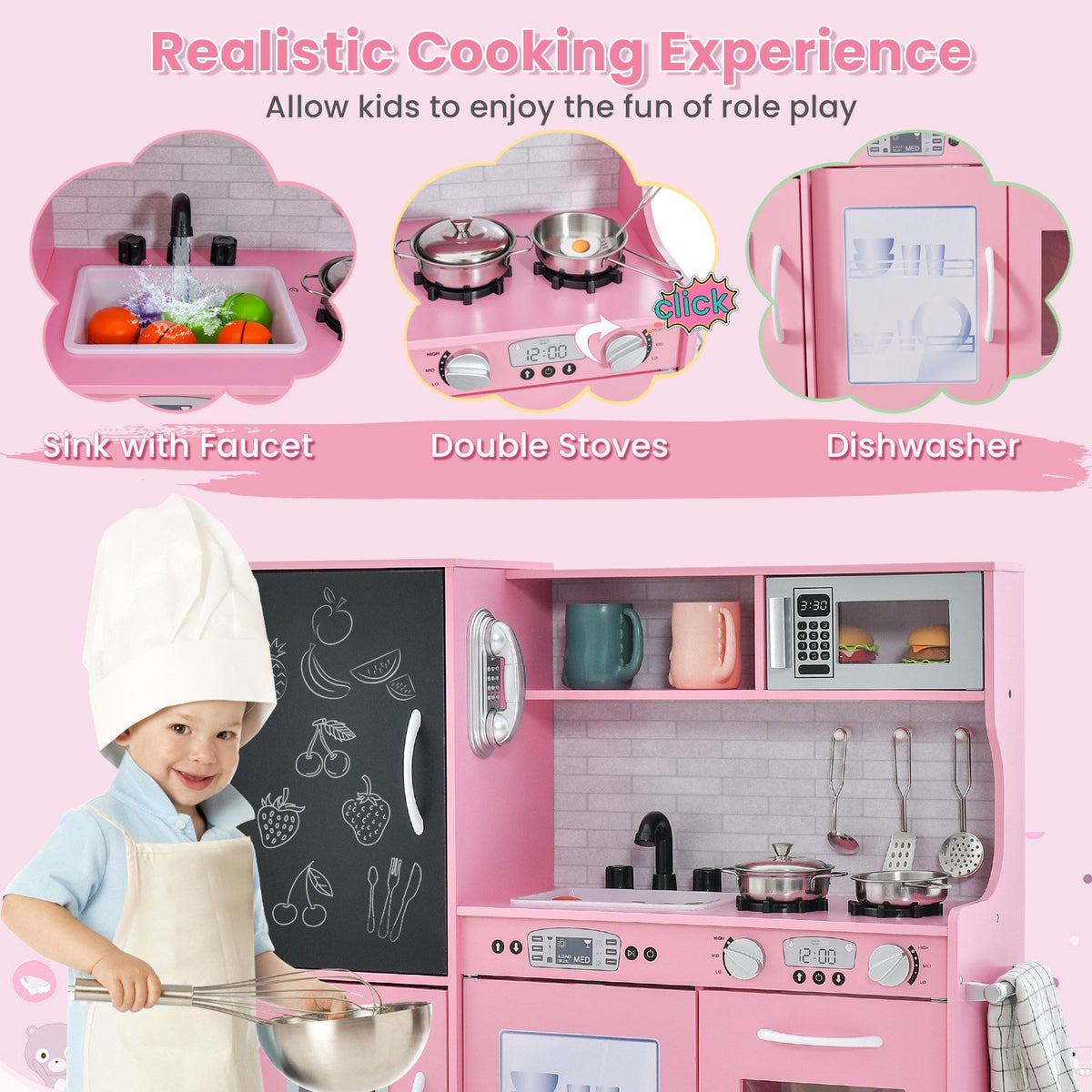 Toddler Pretend Play Kitchen for Boys and Girls 3-6 Years Old-Pink view 8