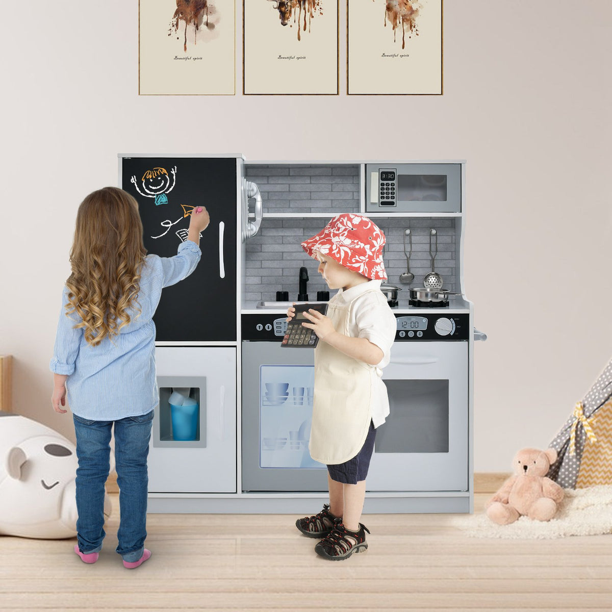 Toddler Pretend Play Kitchen for Boys and Girls 3-6 Years Old-White view 3