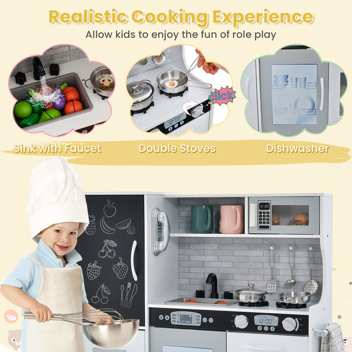 Toddler Pretend Play Kitchen for Boys and Girls 3-6 Years Old-White view 8