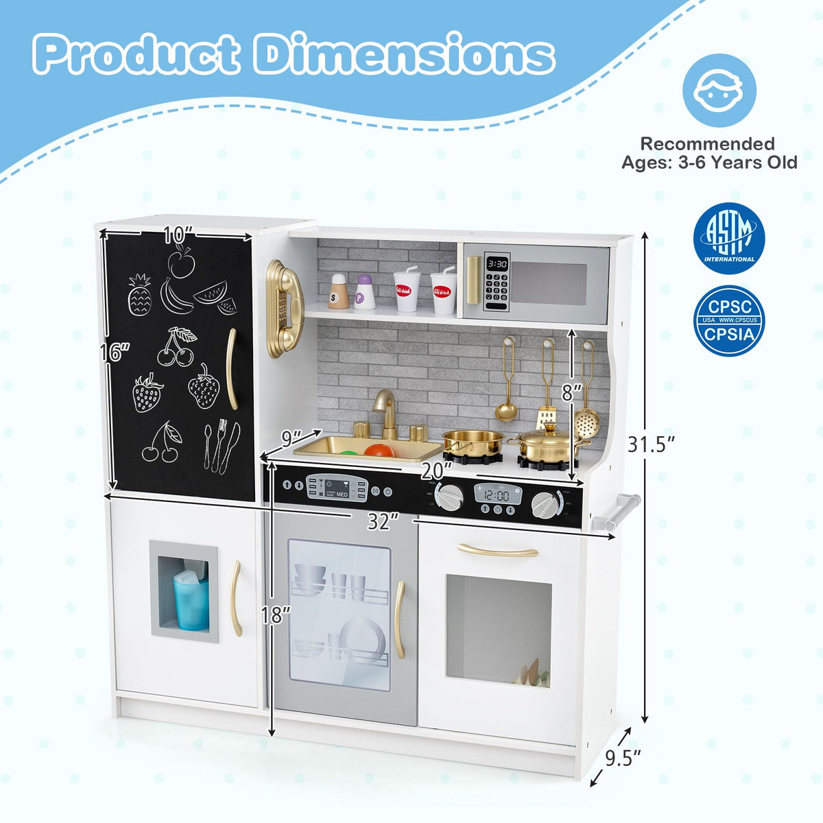 Toddler Pretend Play Kitchen for Boys and Girls 3-6 Years Old-White & Golden view 4