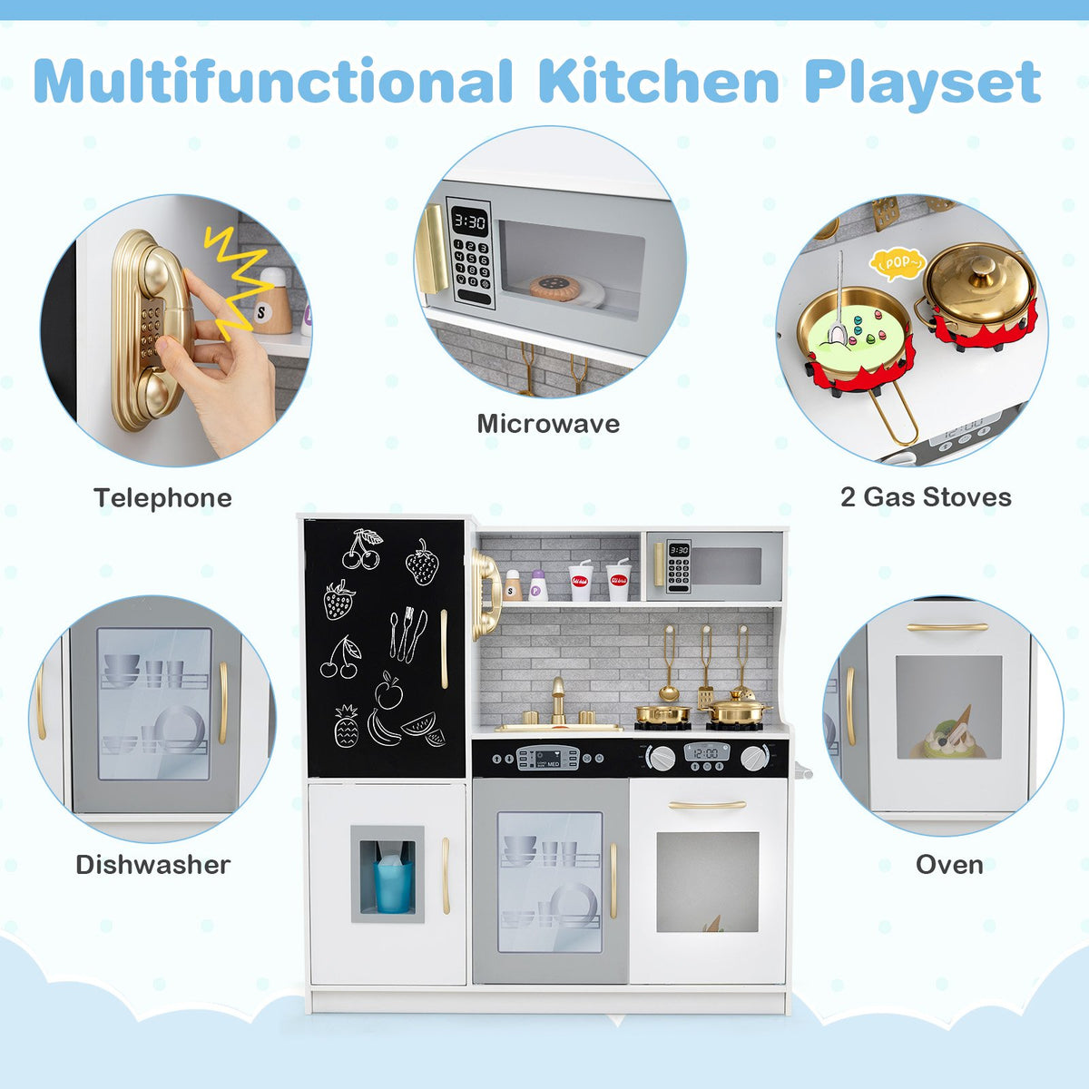 Toddler Pretend Play Kitchen for Boys and Girls 3-6 Years Old-White & Golden view 7