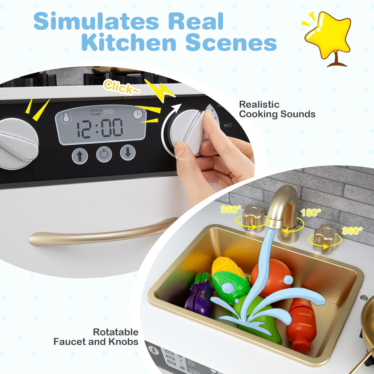 Toddler Pretend Play Kitchen for Boys and Girls 3-6 Years Old-White & Golden view 9