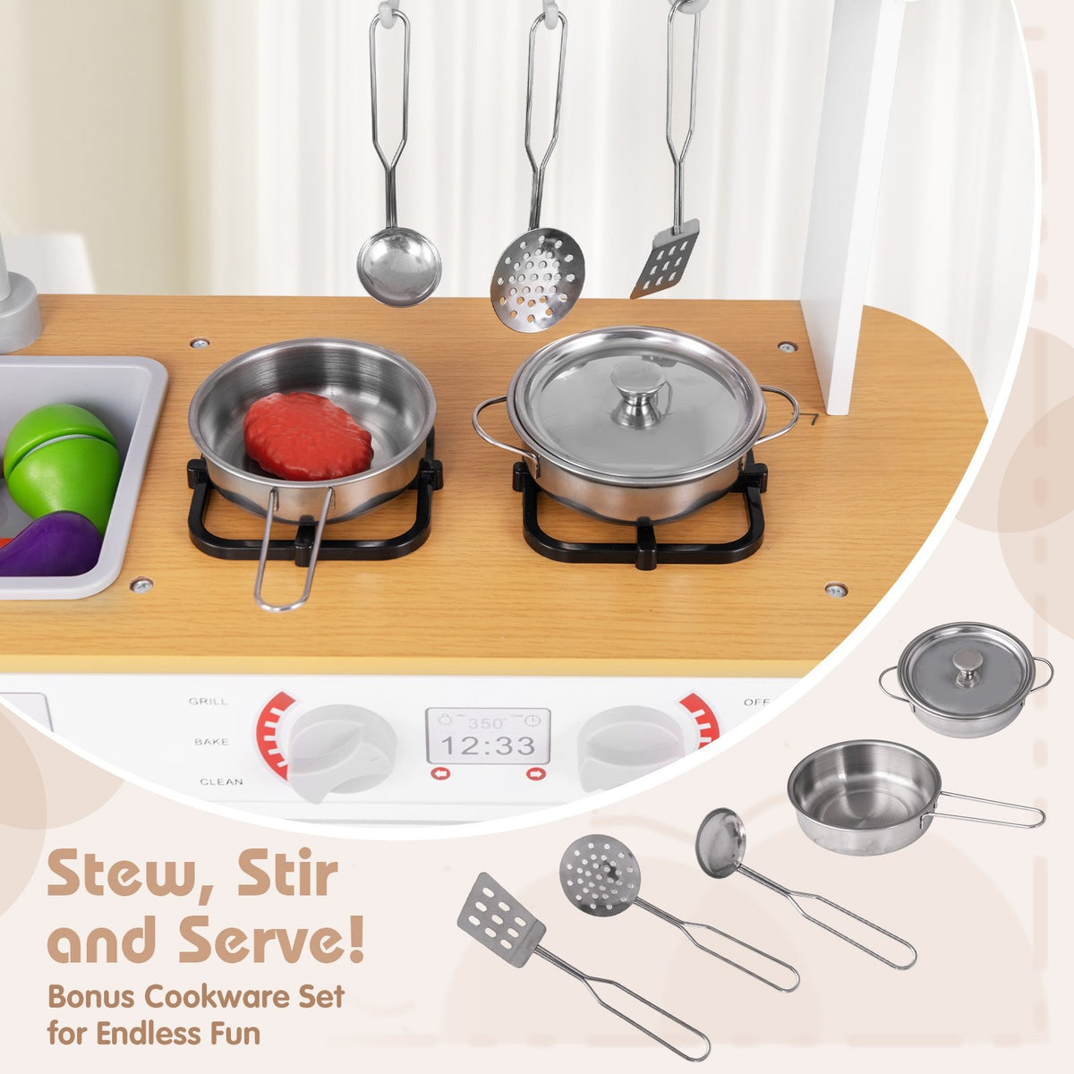 Toddler Pretend Play Kitchen Toy with Stove for 3+ Boys and Girls-White view 6