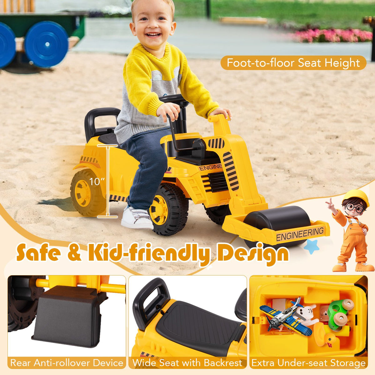 Toddler Ride on Car with Adjustable Roller and Under-Seat Storage-Yellow view 9