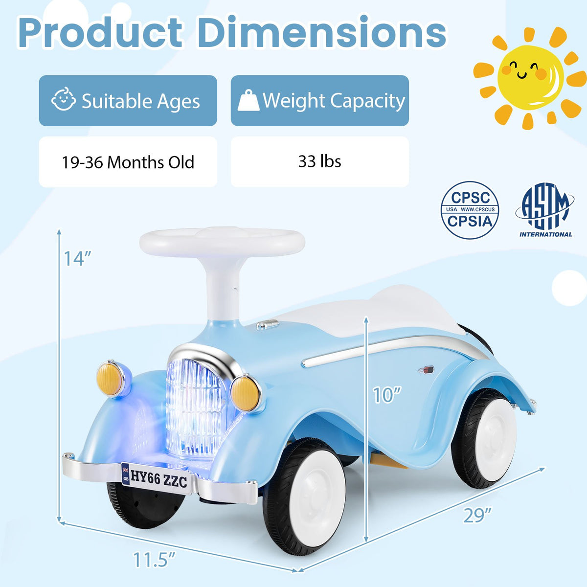 Toddler Ride on Toy Classic Sliding Car with Horn and LED Headlight-Blue view 5