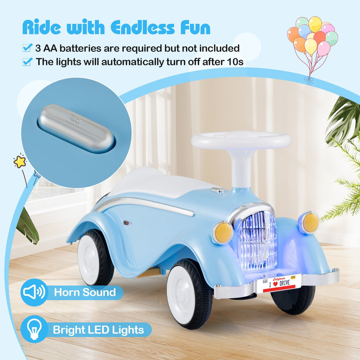 Toddler Ride on Toy Classic Sliding Car with Horn and LED Headlight-Blue view 6