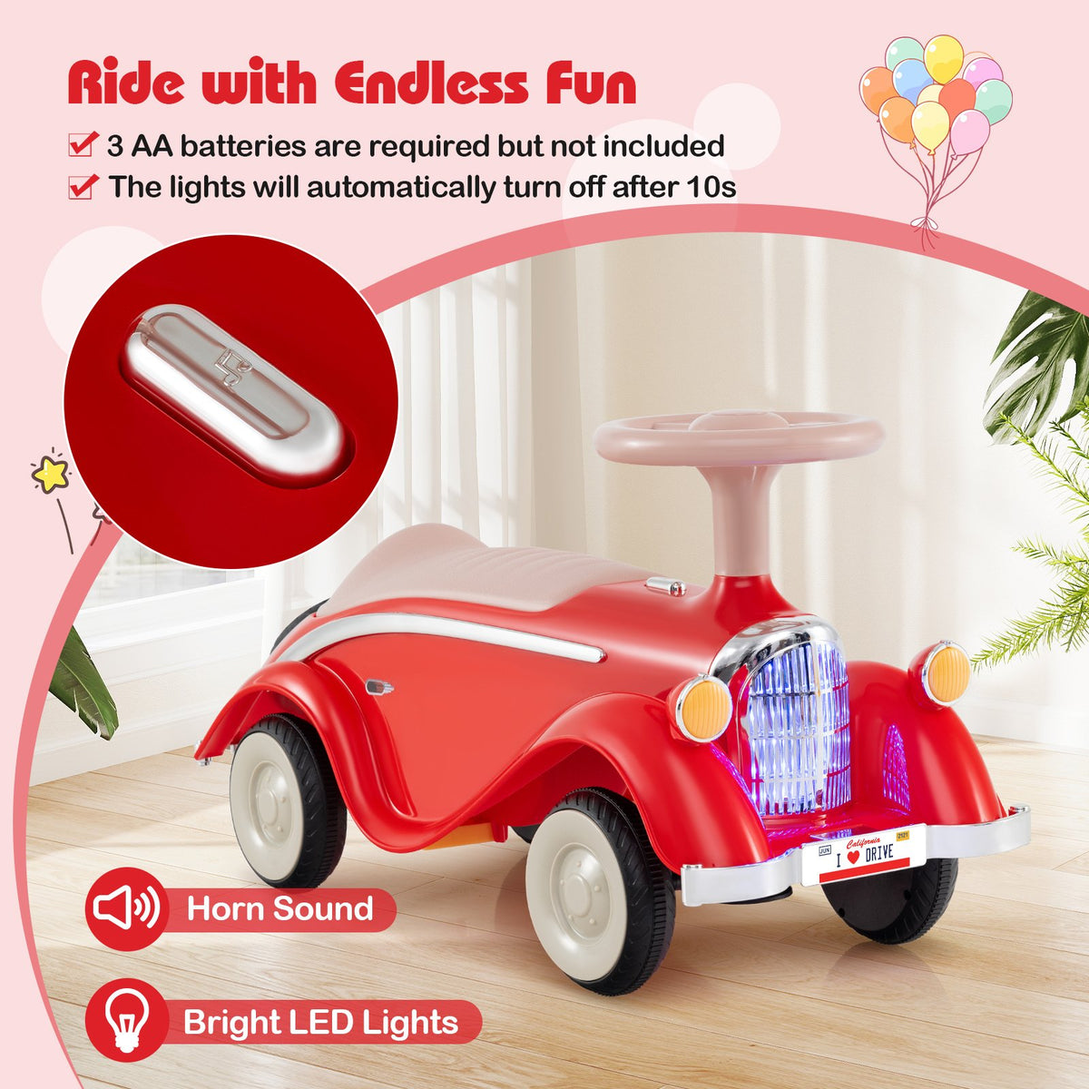 Toddler Ride on Toy Classic Sliding Car with Horn and LED Headlight-Red view 7
