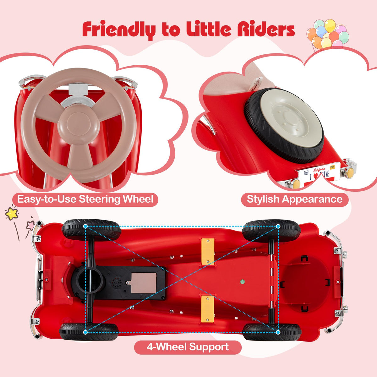 Toddler Ride on Toy Classic Sliding Car with Horn and LED Headlight-Red view 9